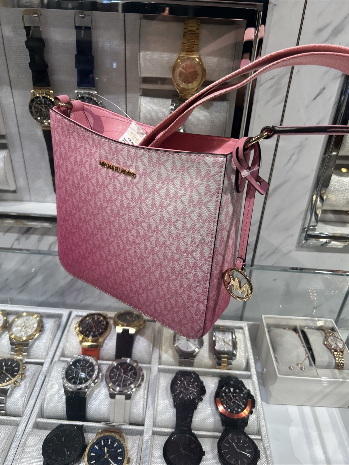 Michael Kors MK Signature Logo Messenger Crossbody Bag Carnation Purse Handbag