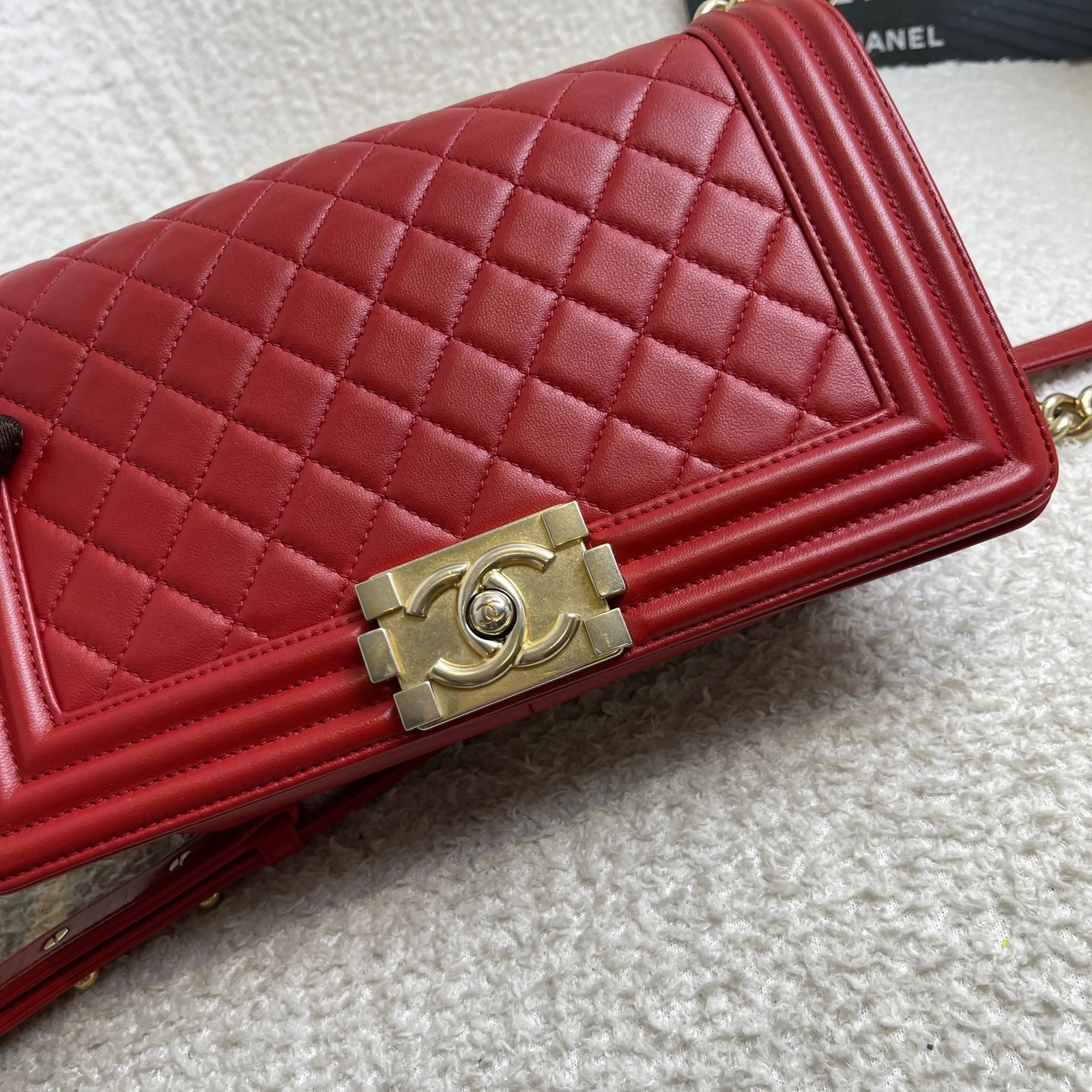Chanel Le Boy Lambskin Red Medium Shoulder Bag Gold Hardware
