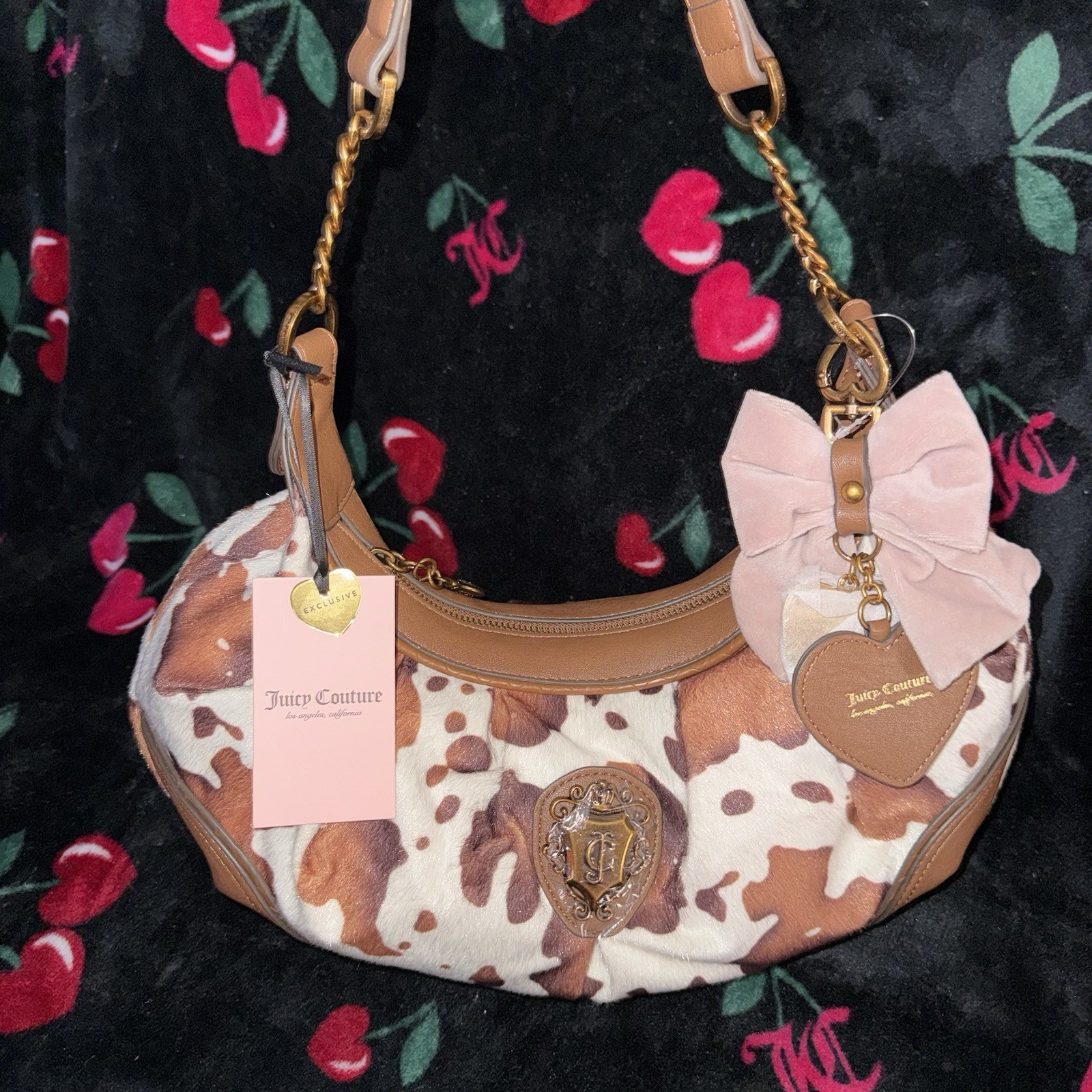 NWT Viral Juicy Couture Romance Saddle Brown Cow Print Hobo Coho Shoulder Bag