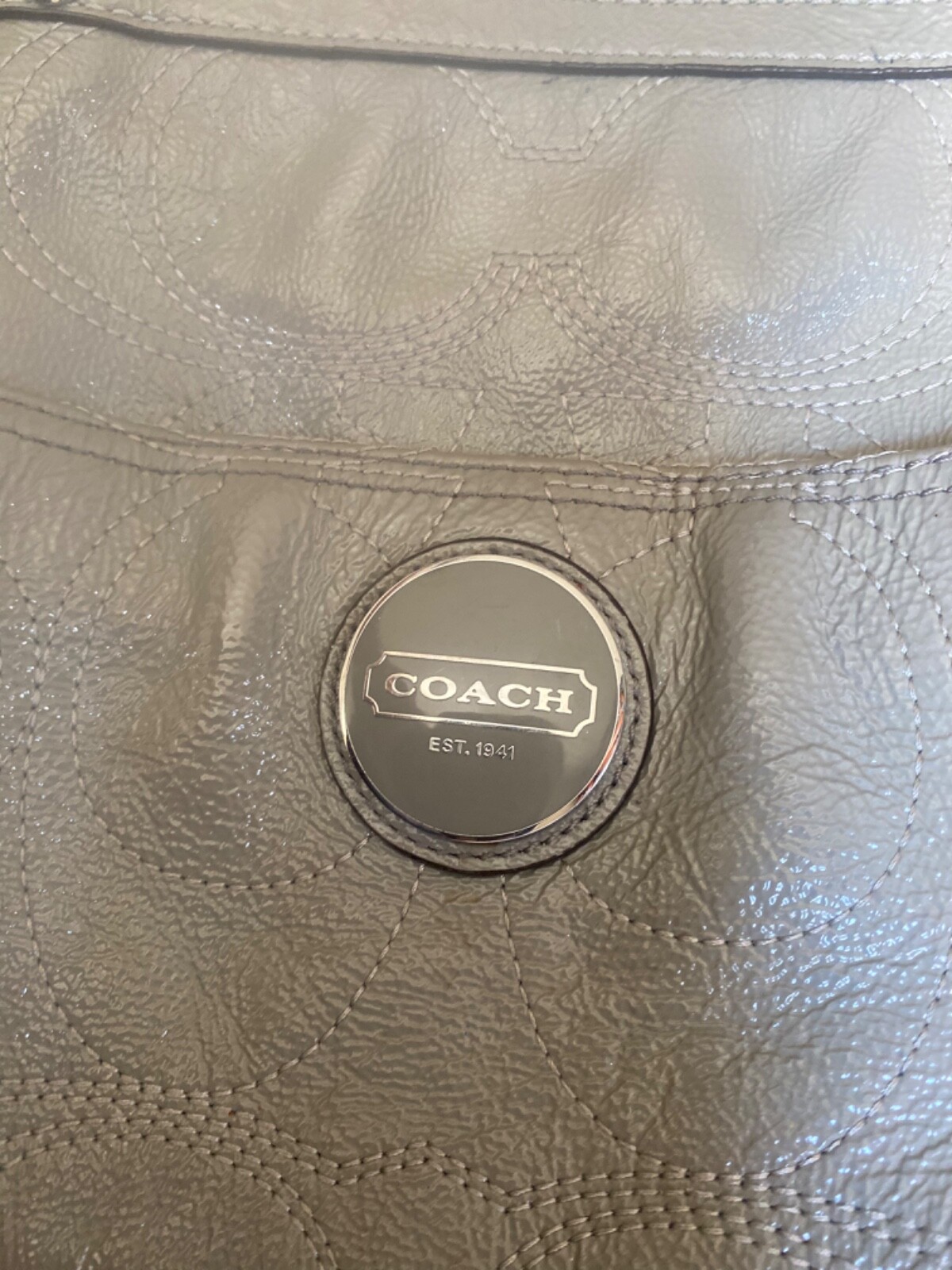 Authentic Coach Signature Logo Stitched Patent Leather Diaper Bag Purse Tote XL