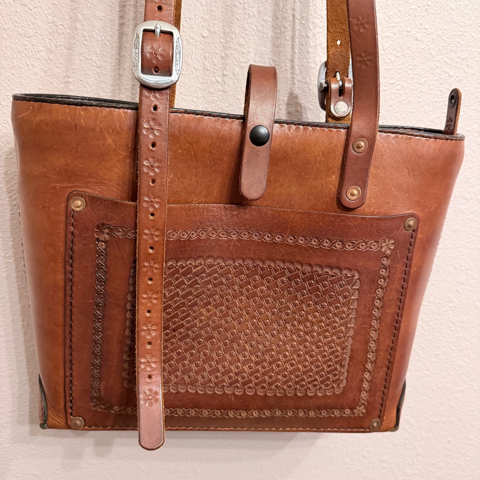 Vintage Hand Tooled Leather Tote Bag Tan Basketweave Western Boho Shoulder Bag