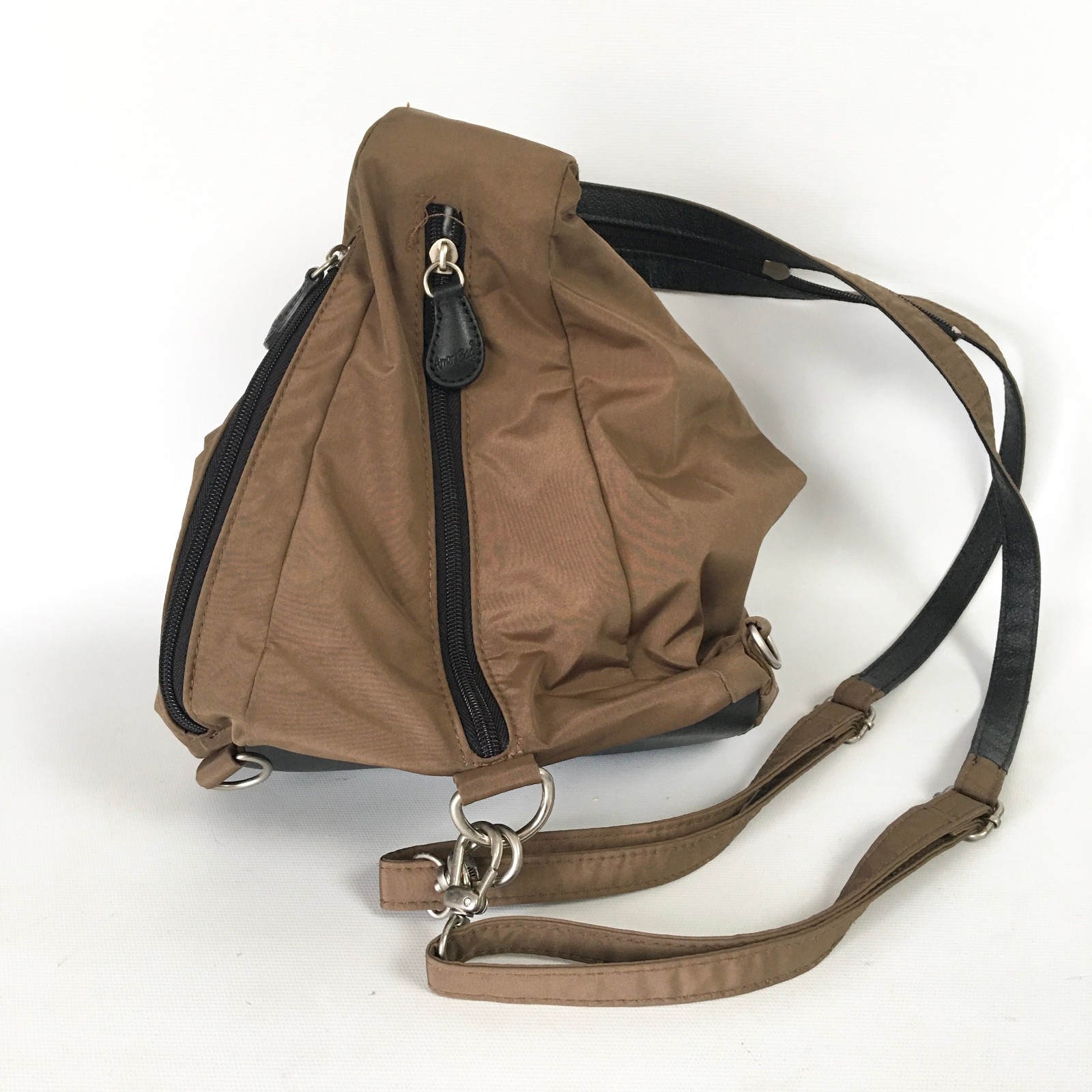 AmeriBag Sling Bag Brown Nylon Crossbody Black Trim Healthy Backpack Purse