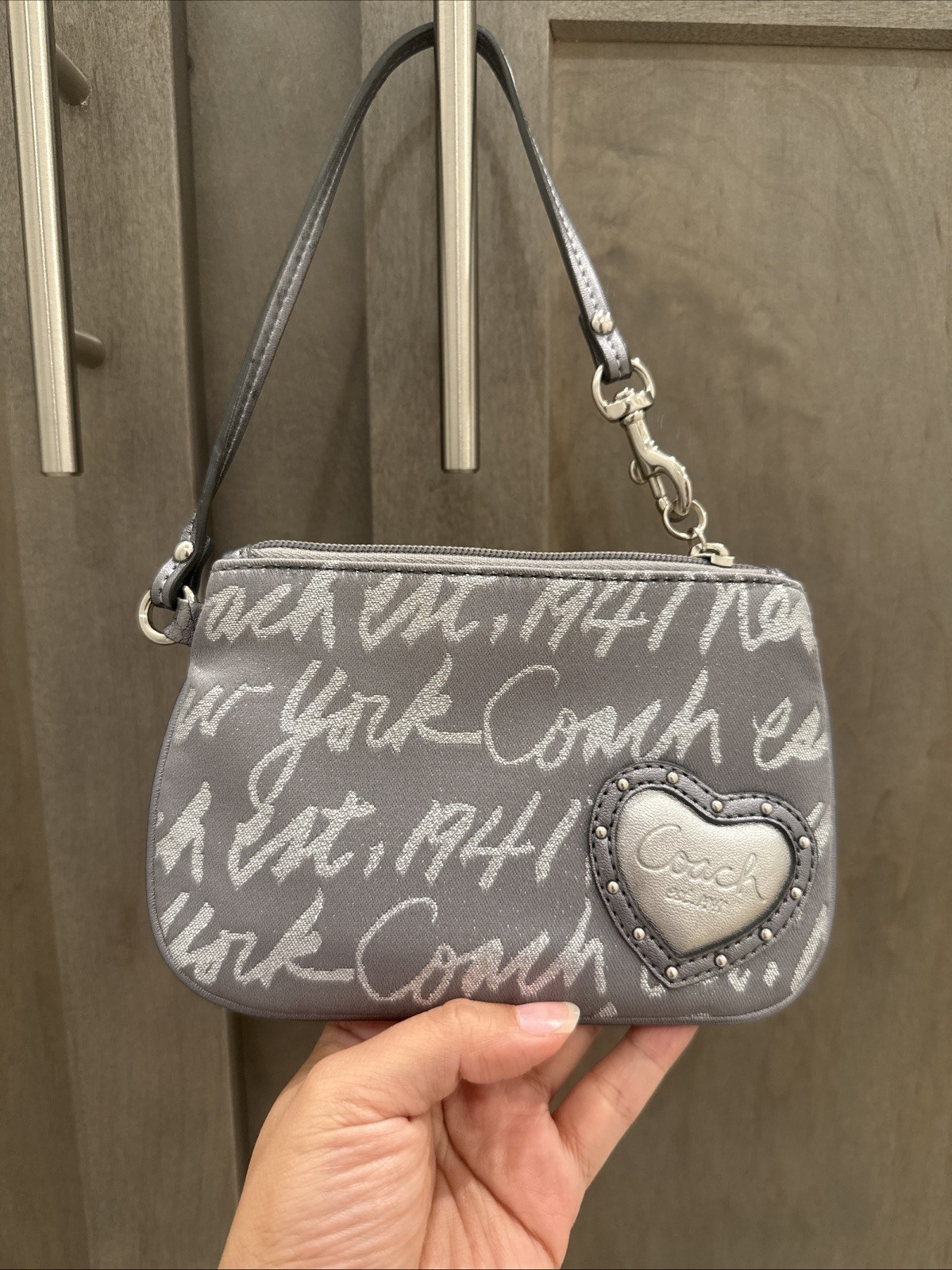 Coach Signature Small Wristlet Pouch Gray, Metallic, Silver
