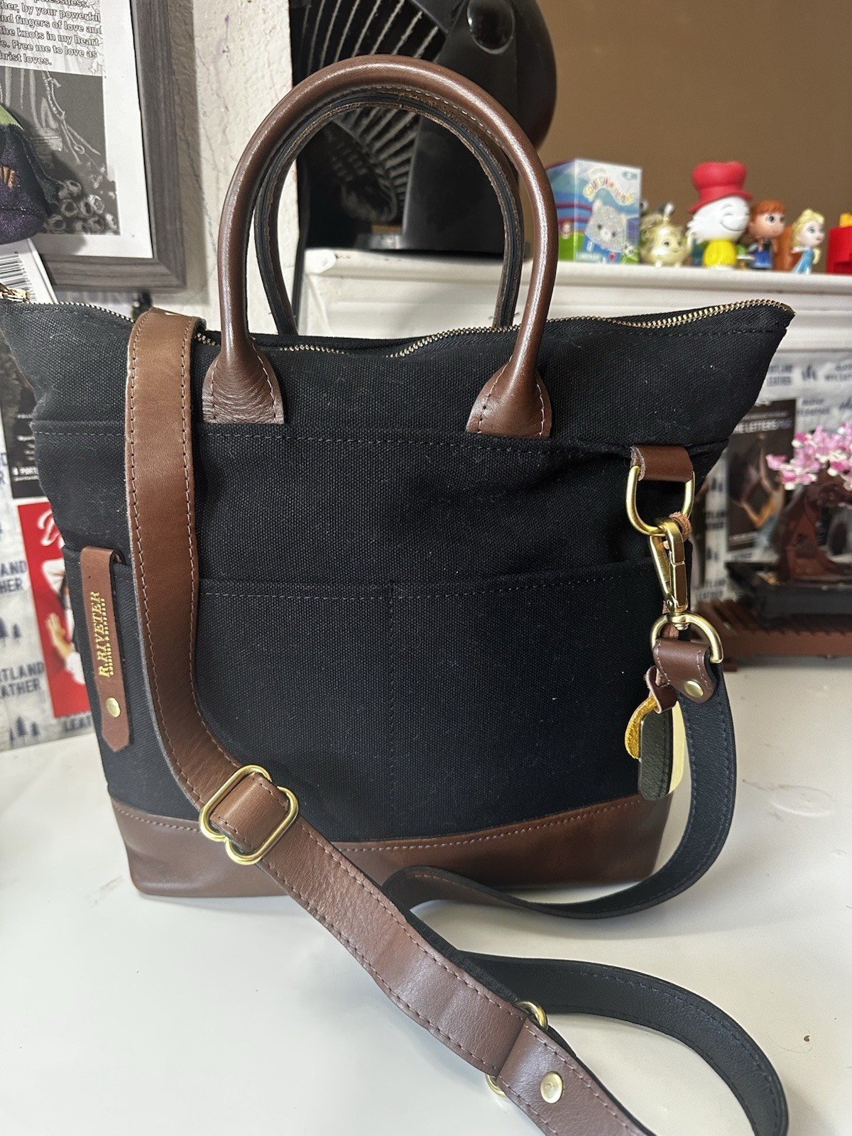R. Riveter Otto Signature Black Canvas Brown Leather Iconic Bag Crossbody Strap