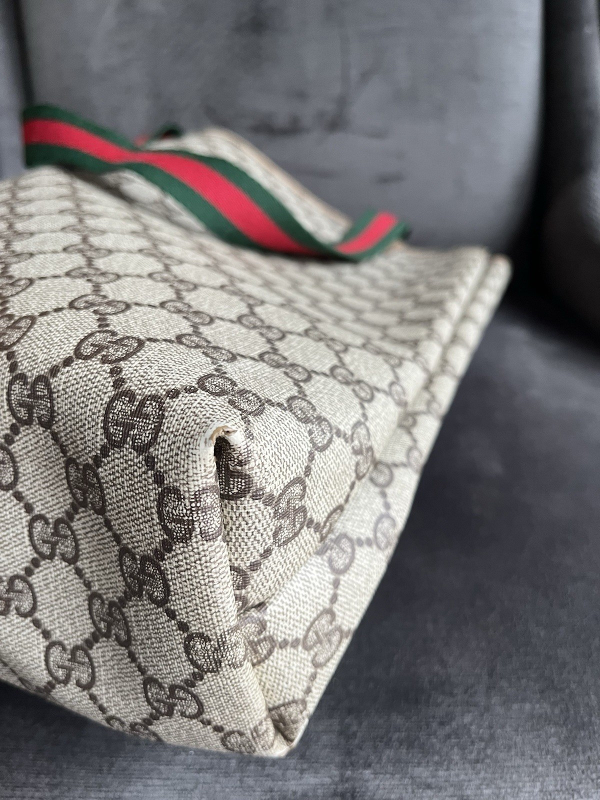 Vintage Gucci GG Monogram Canvas Tote Bag Web Stripe Leather Italy