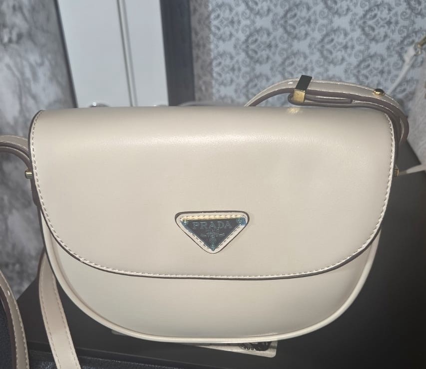 PRADA White Mini Crescent Crossbody Bag Triangle Logo Magnetic Closure Dust Bag