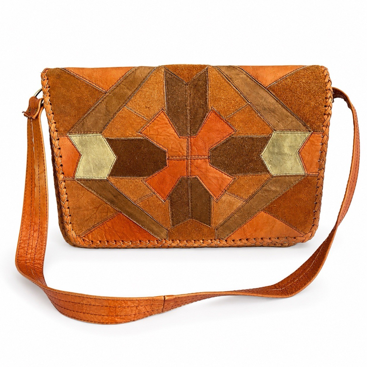 70’s Vintage Char Leather Patchwork Crossbody Shoulder Bag Boho Hippie Brown