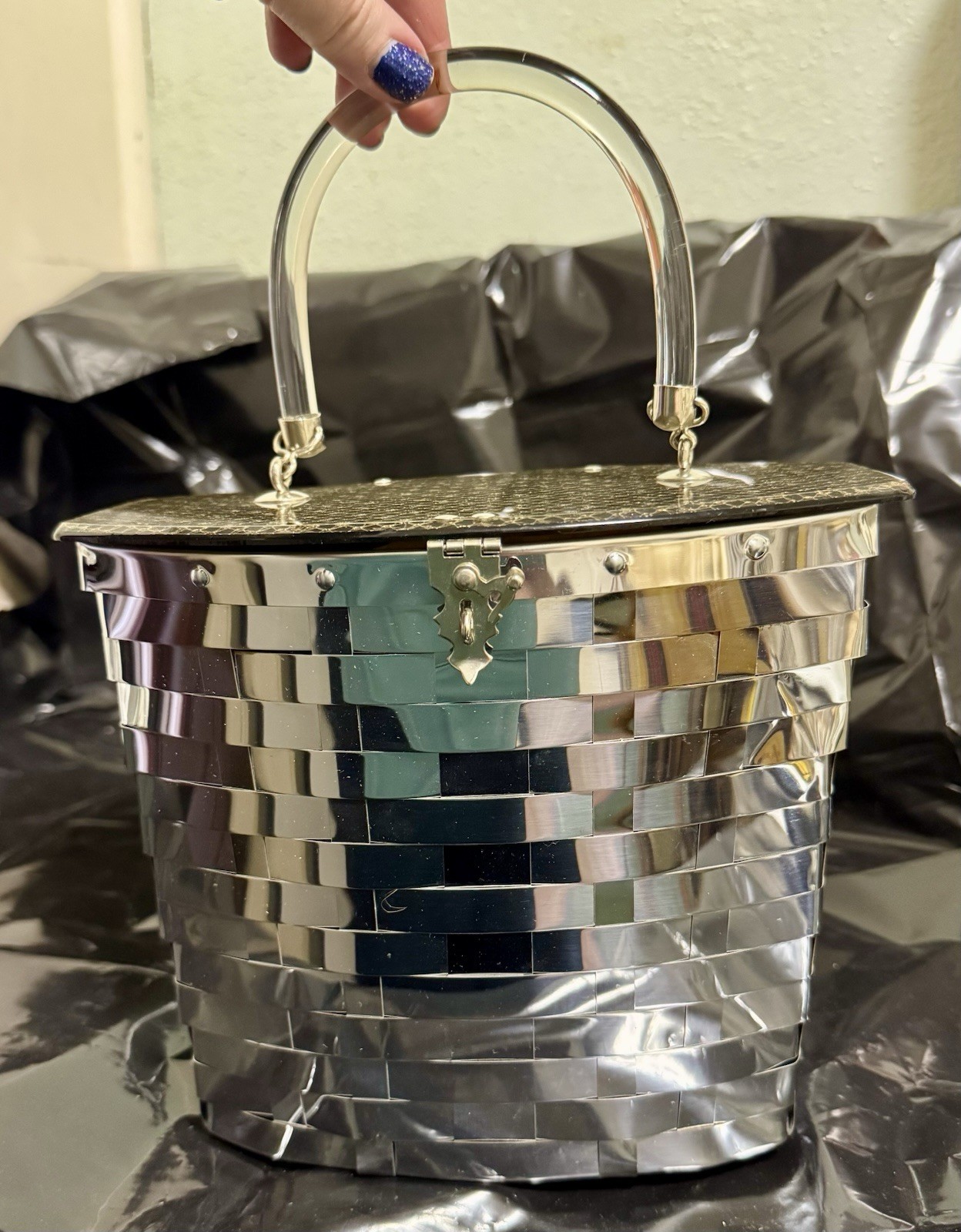 Vintage Goldstrom Silver Basket Weave Top Lucite Handle Bag Purse Art Deco