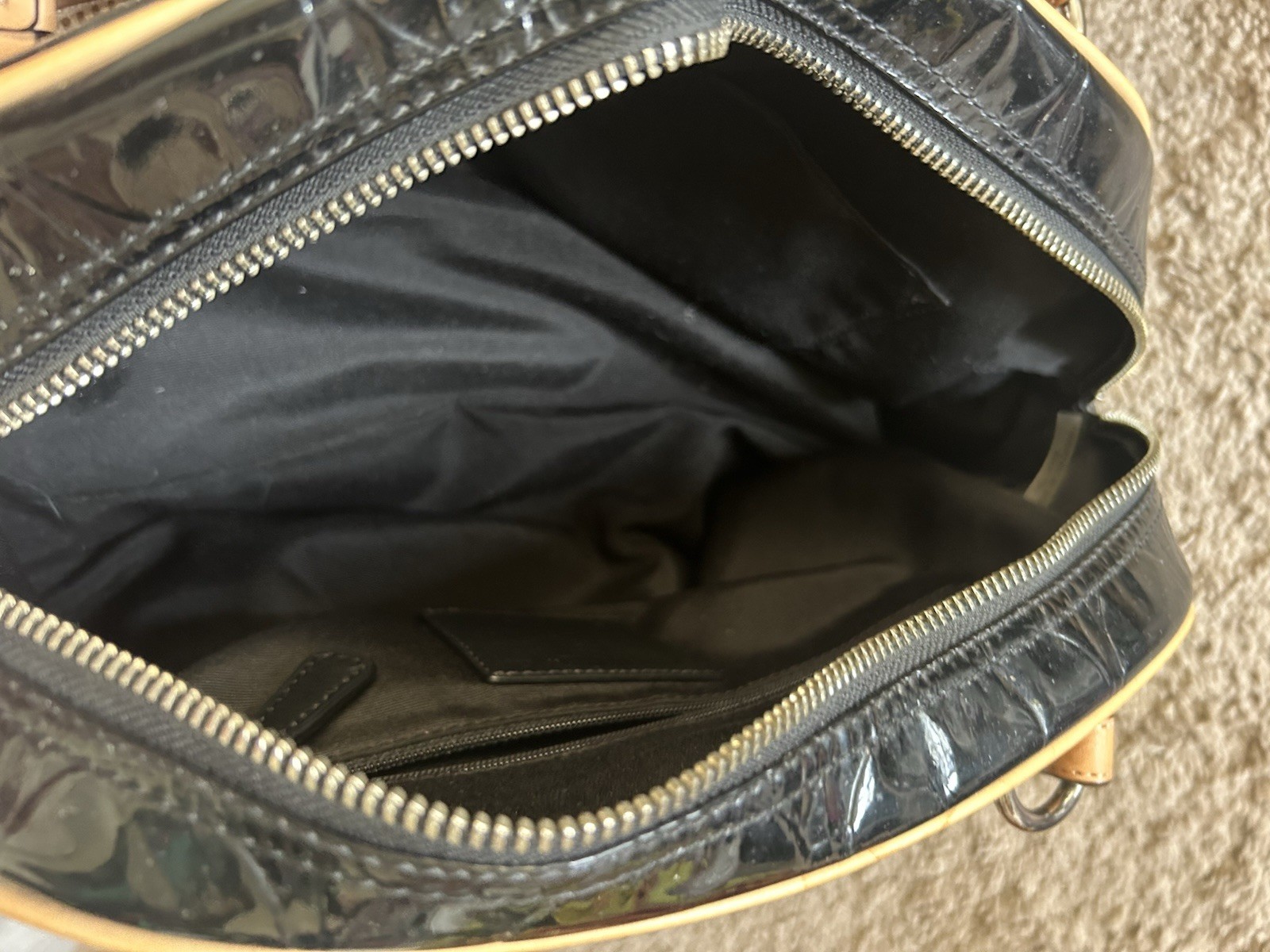 Patent Leather Coach “Peyton” F20065 Purse Black w/Tan Leather Accents