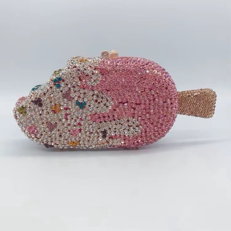 Ice Cream Bar Shaped Rhinestone Clutch w/ Gold Chain Strap Pink