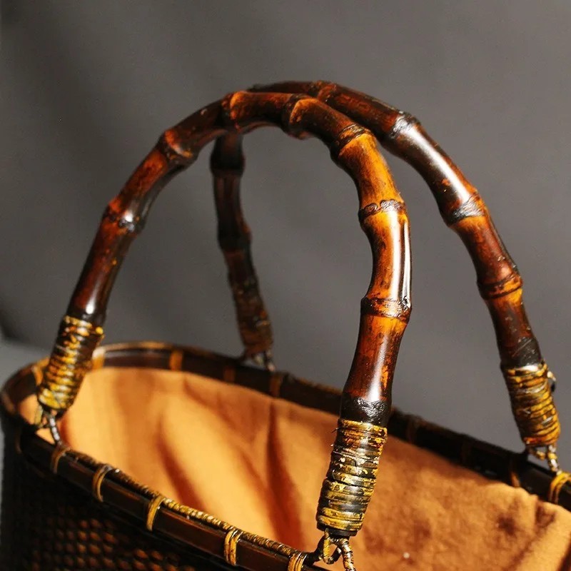 Retro Bamboo Woven Bag Handmade Natural Bamboo Tote Beach Travel Summer Handbag