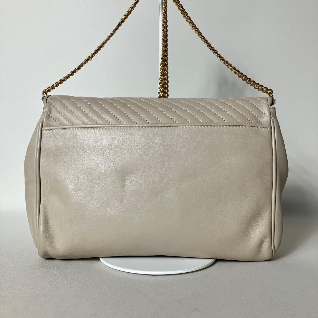 CELINE Triomphe Greige Leather Shoulder Bag Chain Strap Gold Hardware Authentic