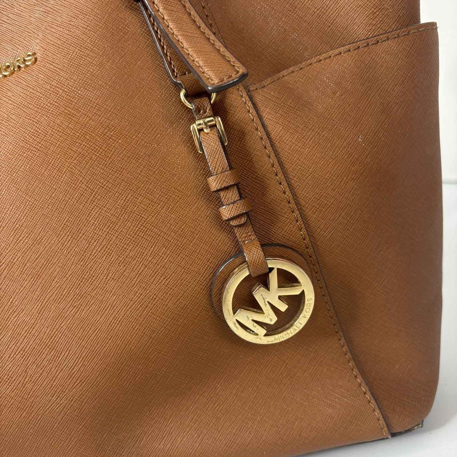 Michael Kors Jet Set Travel Saffiano Leather Tote Bag Acorn Brown GoldHardware
