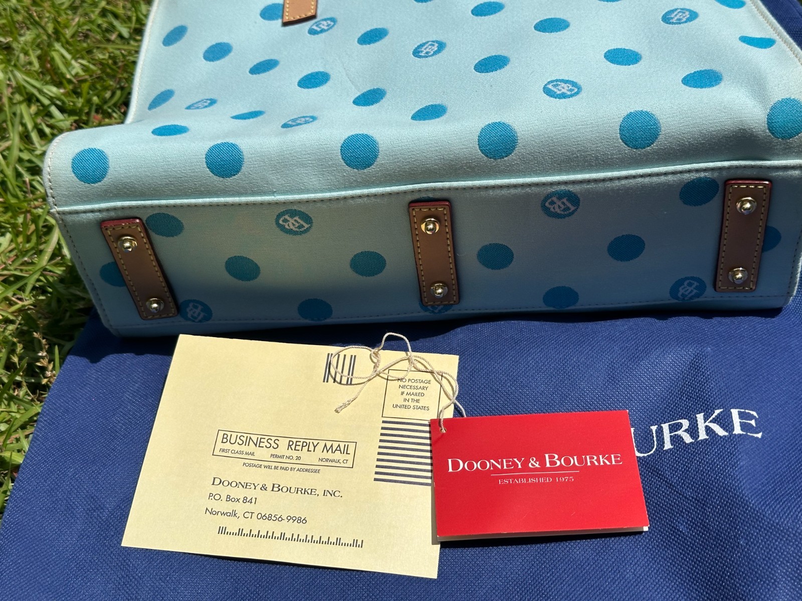 Vtg Dooney & Bourke Sky Blue Polka Dots Tote Purse w Matching Wallet, BM414 SK