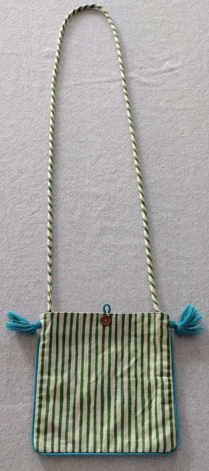 Gudrun Sjoden Crossbody Bag Green White Striped Blue Tassels Button Linen Blend