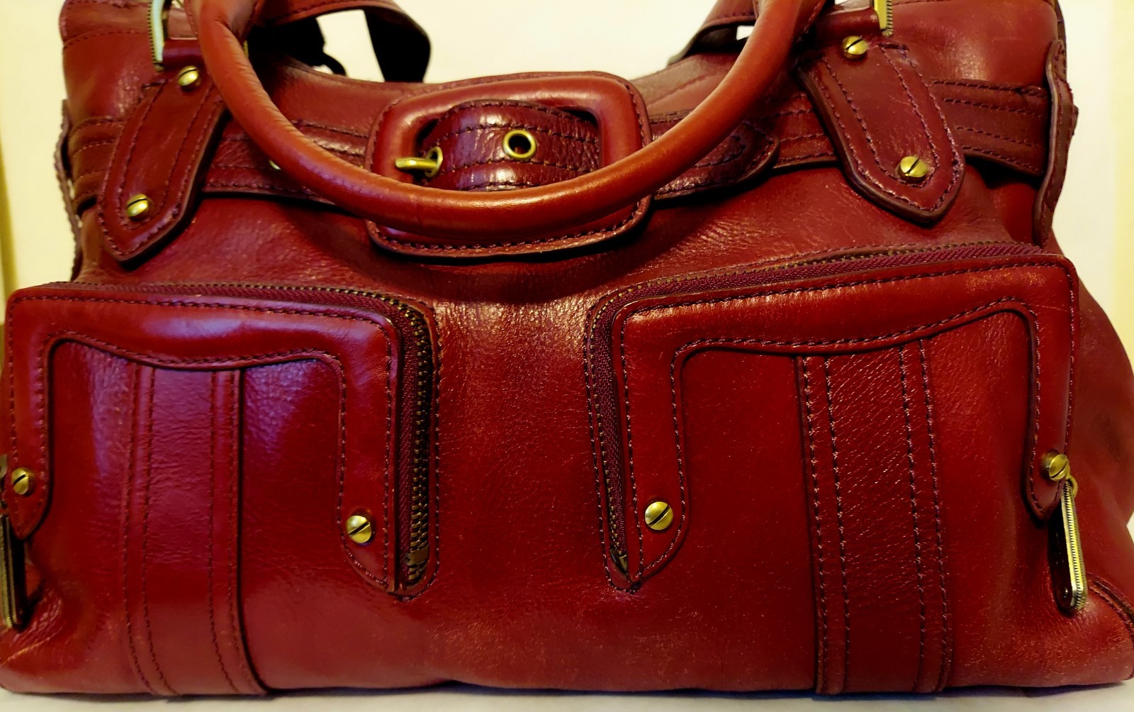 COLE HAAN Dark Red Leather Handbag Belted Pocket Satchel Purse Shoulder Bag
