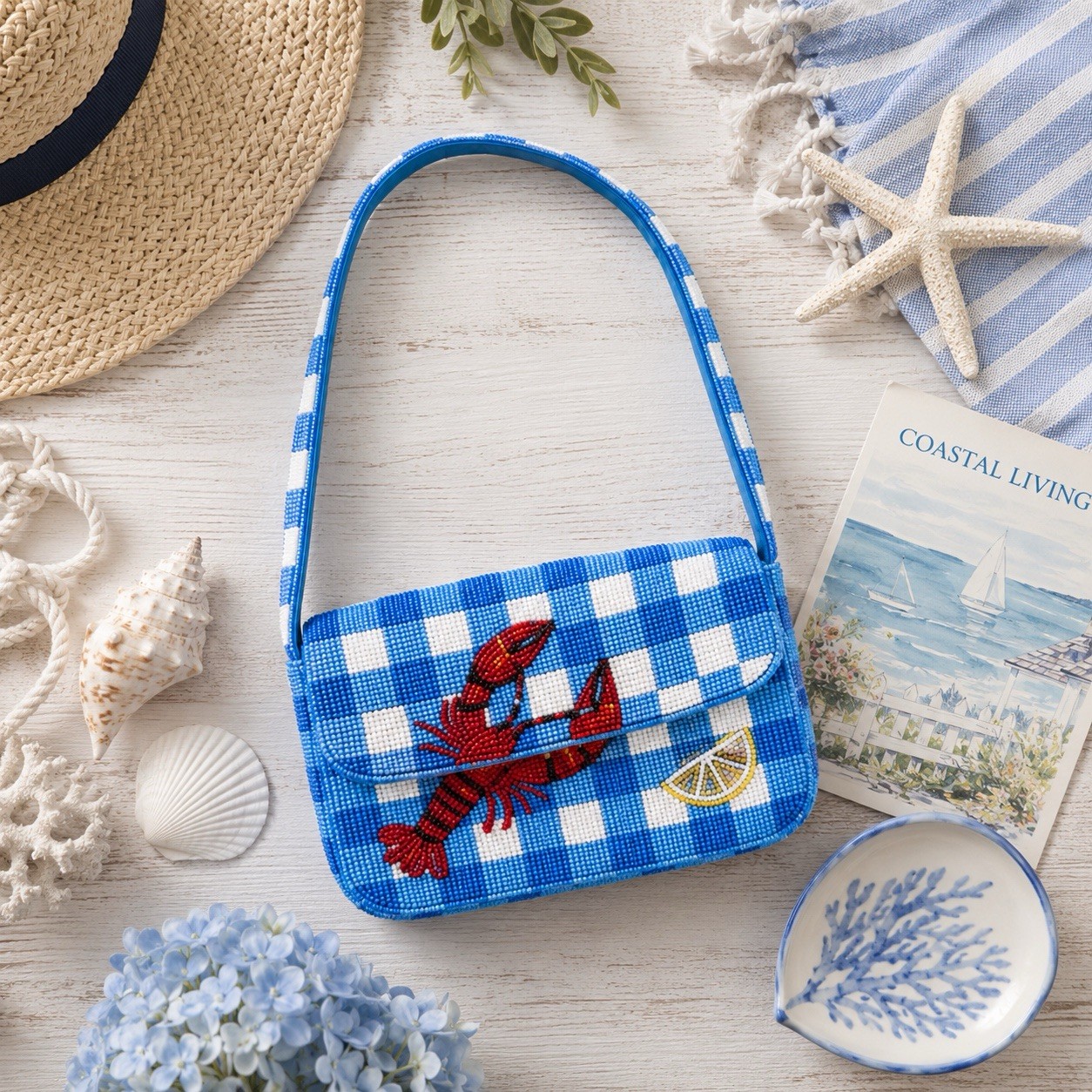 Sol and Mer Beaded Gingham Lobster Shoulder Bag Coastal Beach Purse 9 inch x 5.5