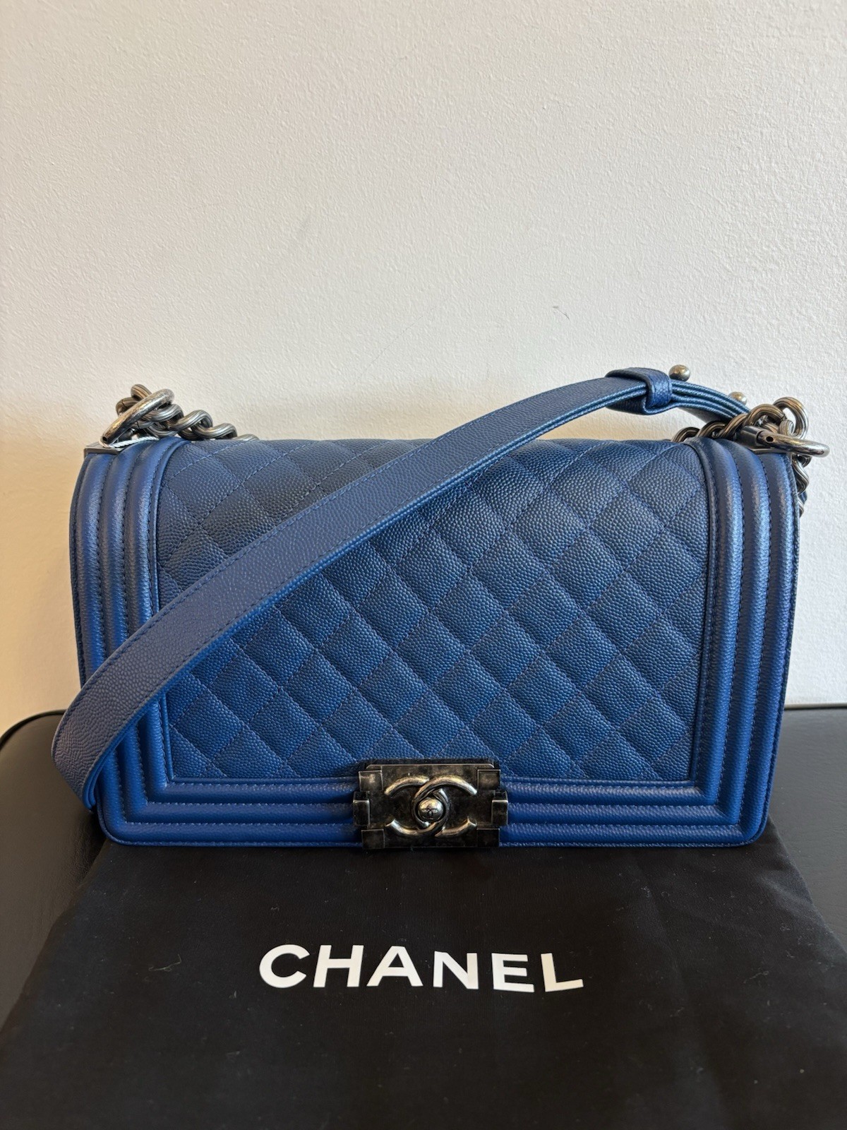 CHANEL Caviar Quilted Leather Le Boy Flap Handbag Purse Medium Authentic