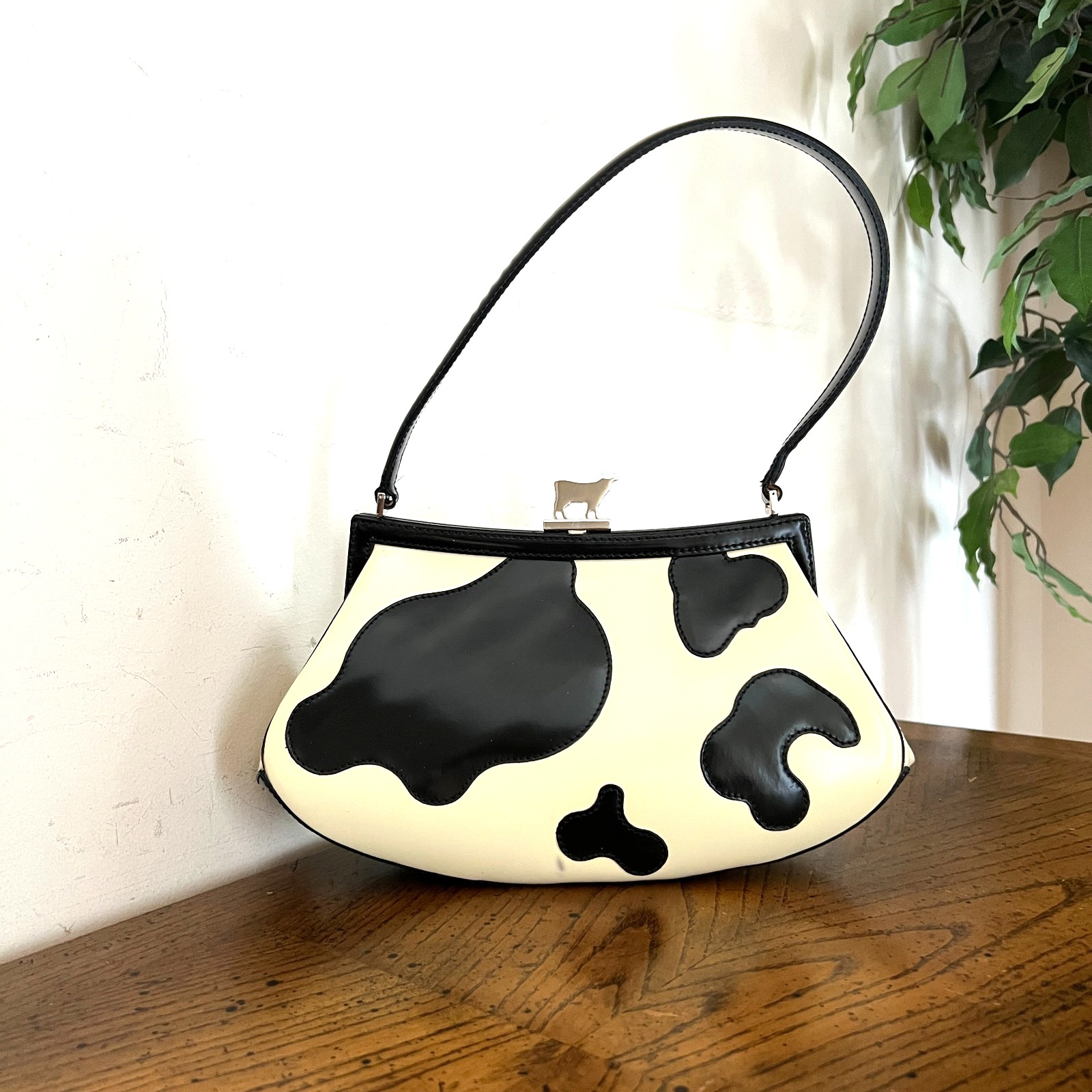 MOSCHINO Cow Print Shoulder Bag Purse Limited Edition Patent Leather Flip Lock