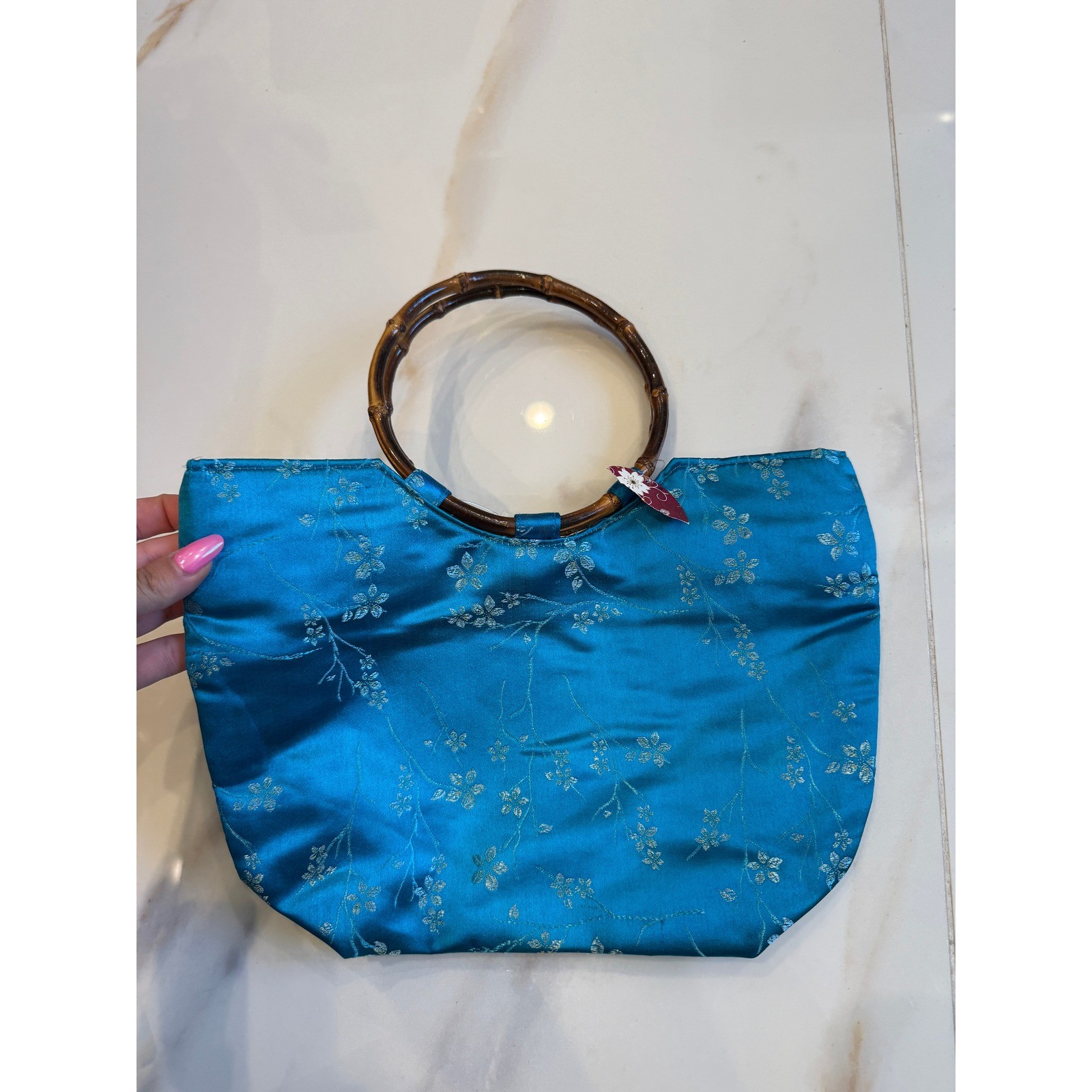 Teal Blue Floral Brocade Satin Handbag with Bamboo Circle Handles RN 117873