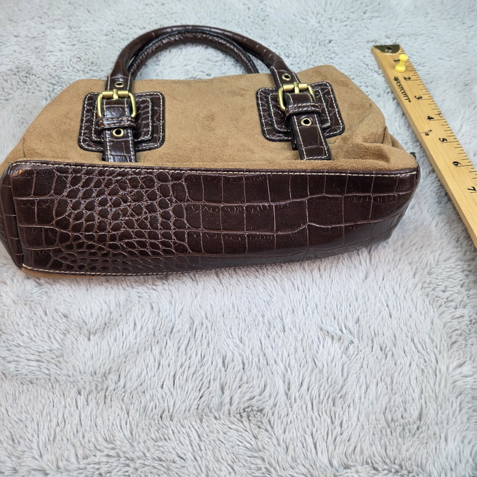 Croft & Barrow Satchel Womens OS Faux Suede Croc Embossed Buckle Trim Brown Tan