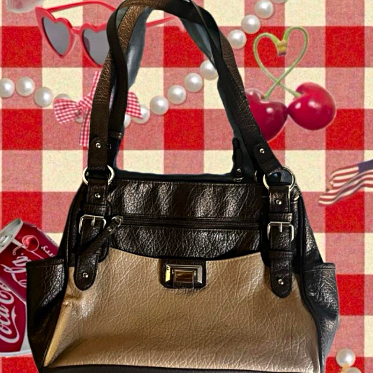 Women’s Black/Beige Colorblock Shoulder Bag, Zip & Turn Lock, Pockets