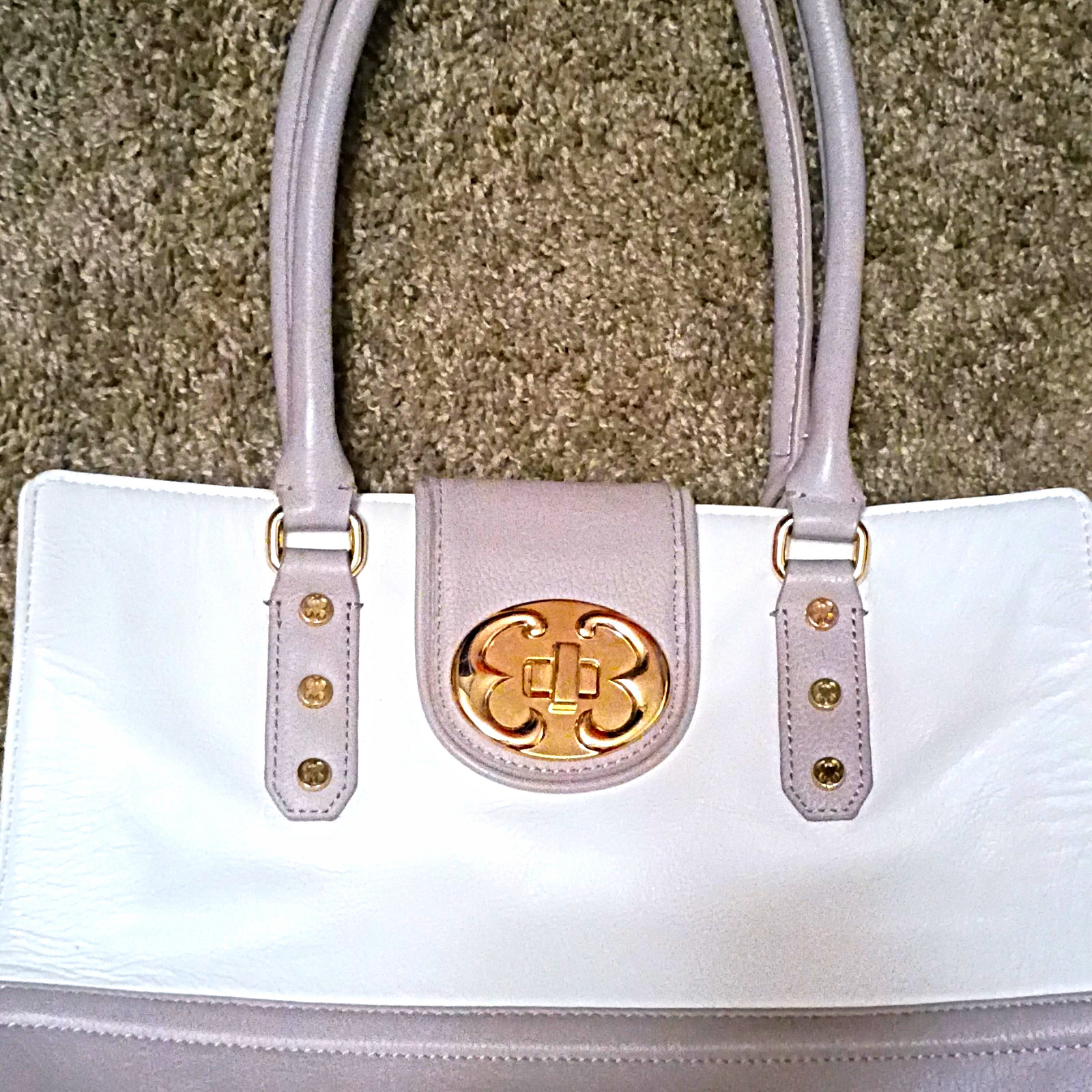 Emma Fox Charlie White/Gray Colorblock Satchel Top Handle, Gold Turn Lock, Lined