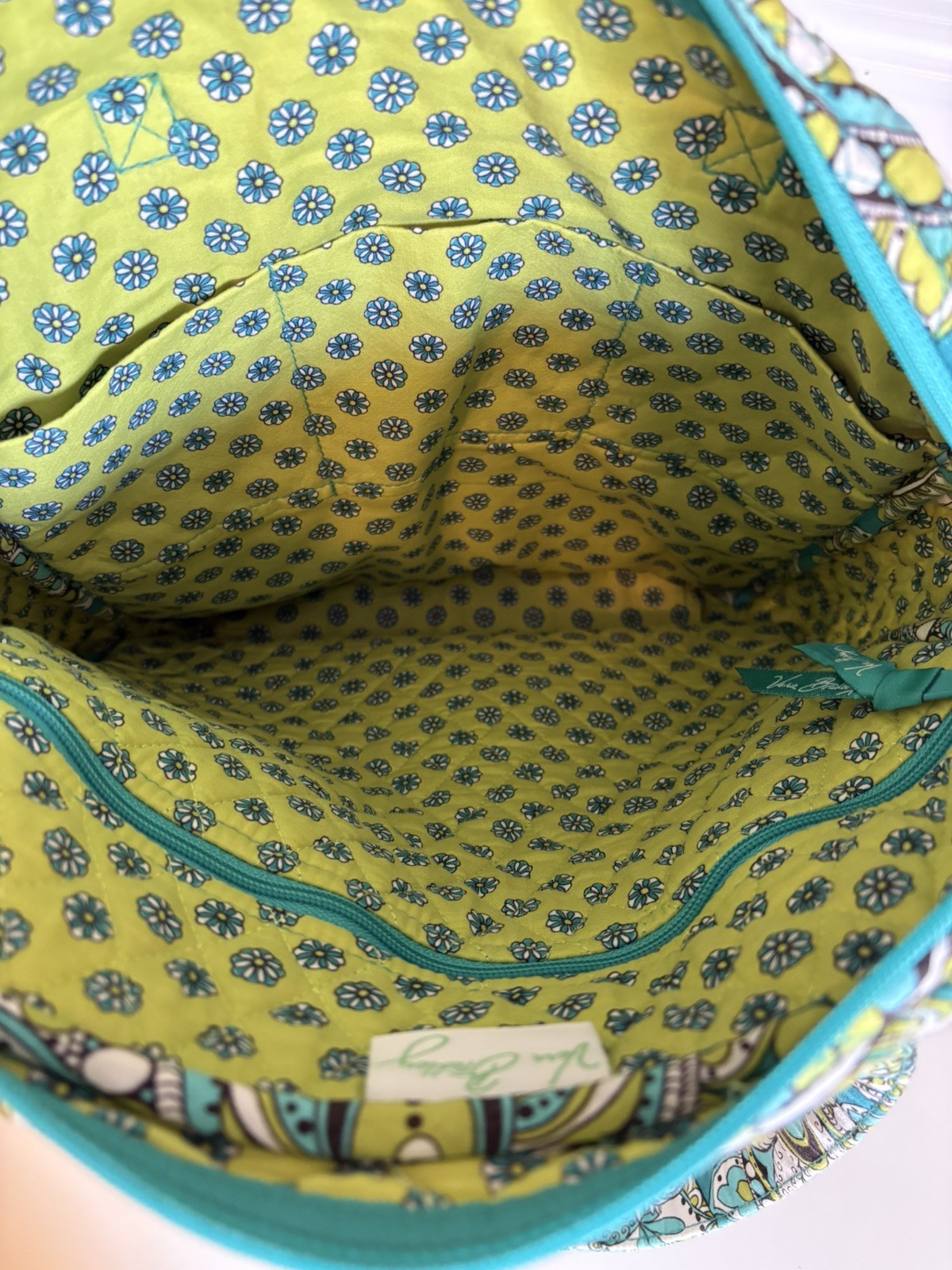 Vera Bradley Teal Peacock pattern (Retired) Tall Zip Tote, 14x12x3 inches.