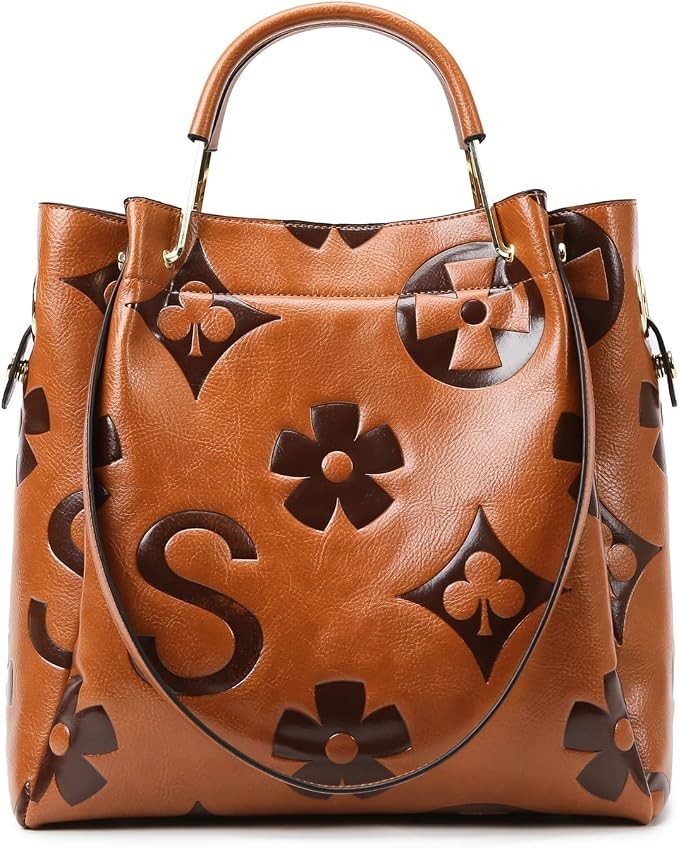 Floral Handbags Purses Women – Embossed Leather Top Handle K009-Yellow Brown