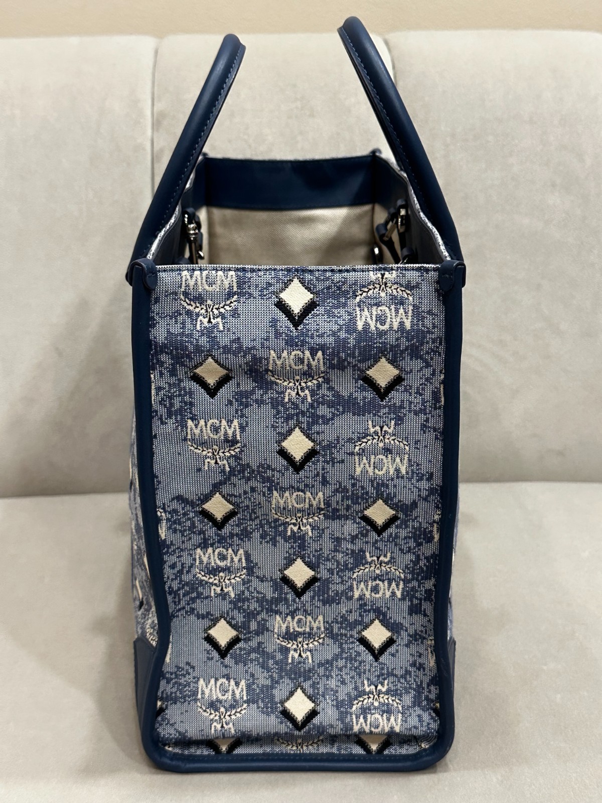 MCM Women Vintage Jacquard Tote Bag Blue Large size