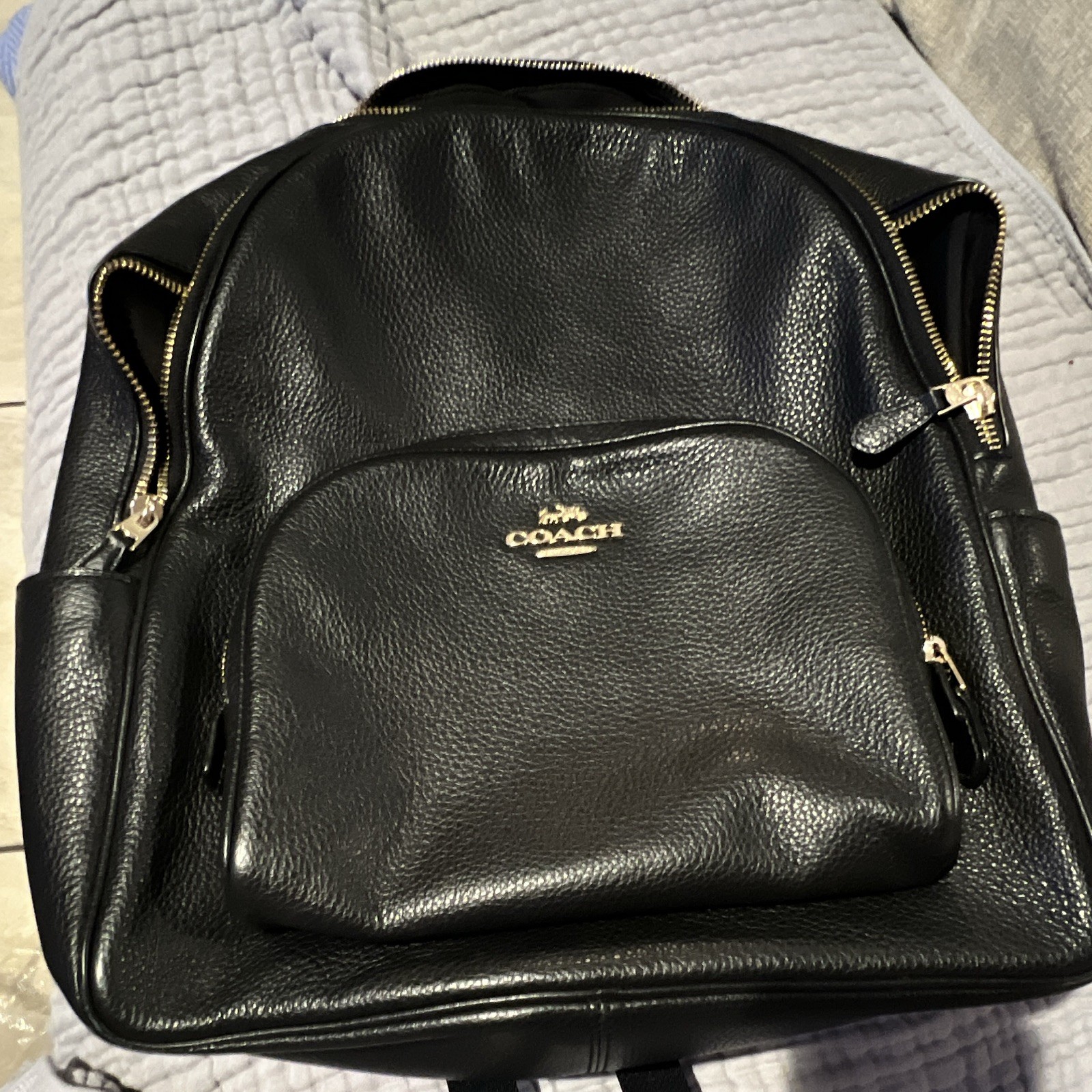 Coach Black Zip Backpack w/ Outer Pockets, Adjustable Straps, Gold Hardware