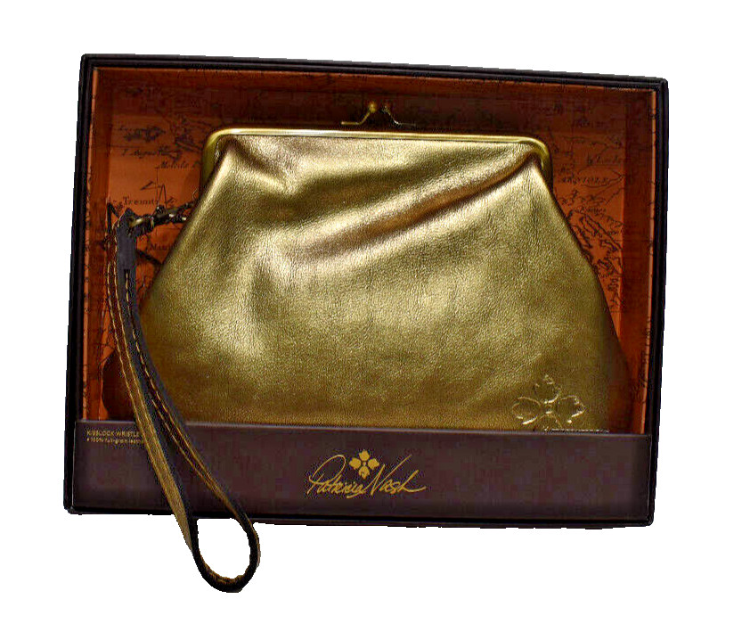 Patricia Nash Savena Antique Gold Leather Kisslock Wristlet Clutch Handbag New!