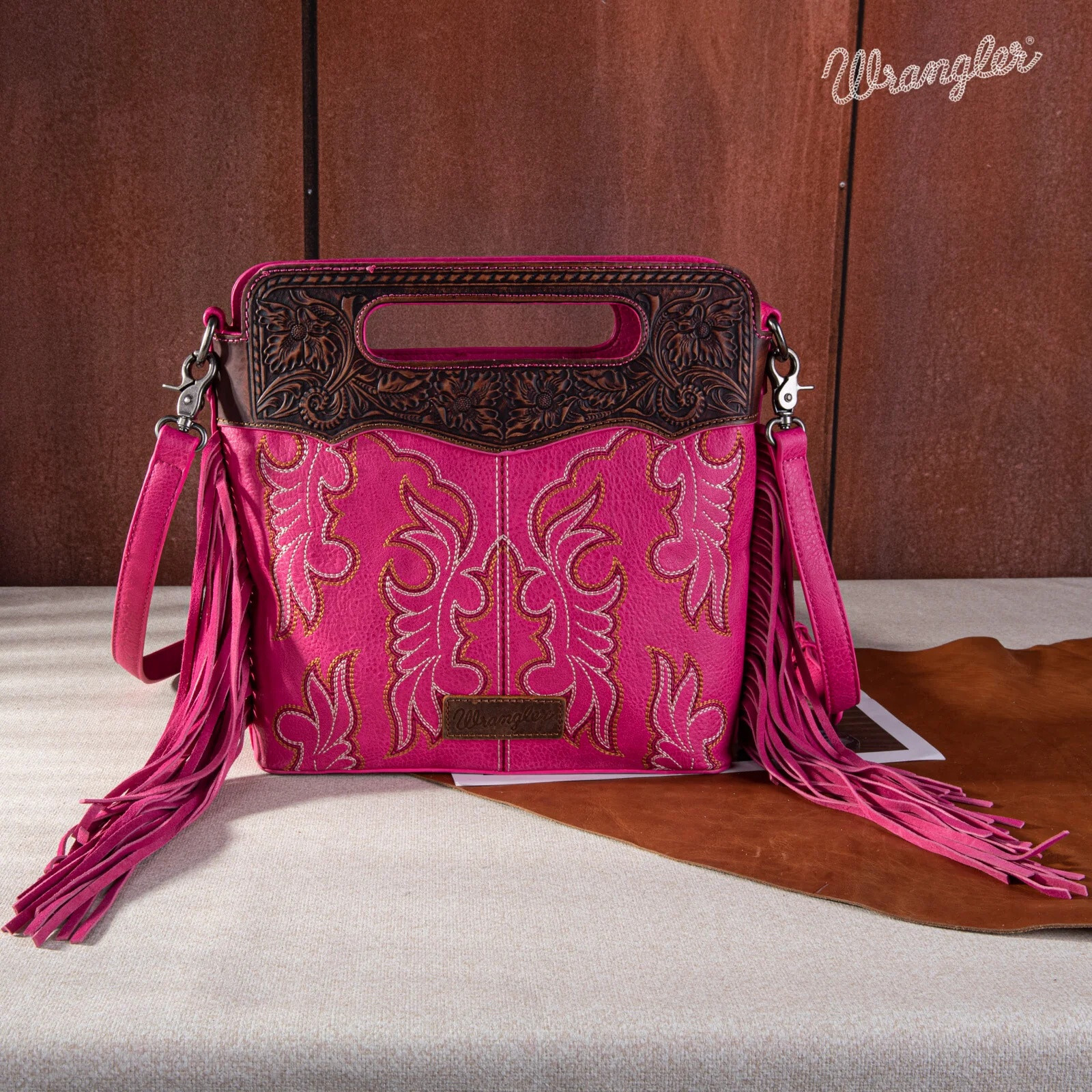 Wrangler Women Bag Boot Scroll Embroidered Western Crossbody Purse Hot Pink