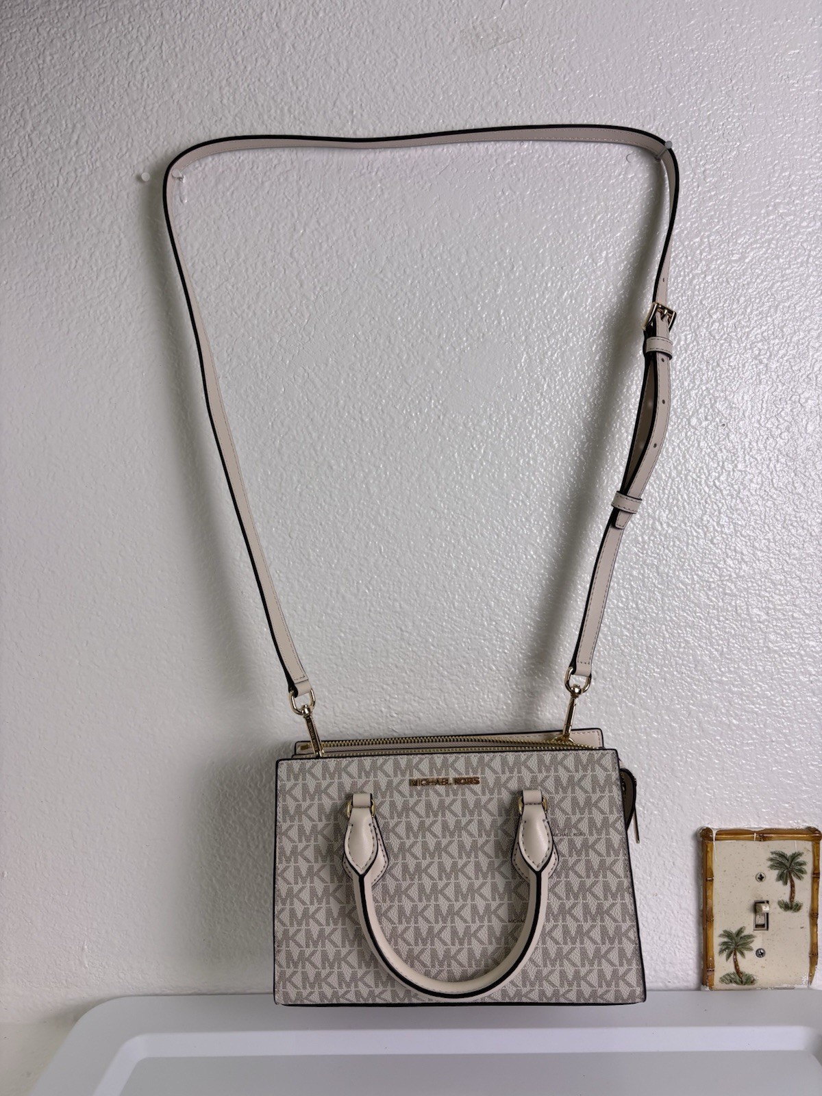 Michael Kors Womens Sheila Medium Satchel Logo Canvas Light Cream Multi