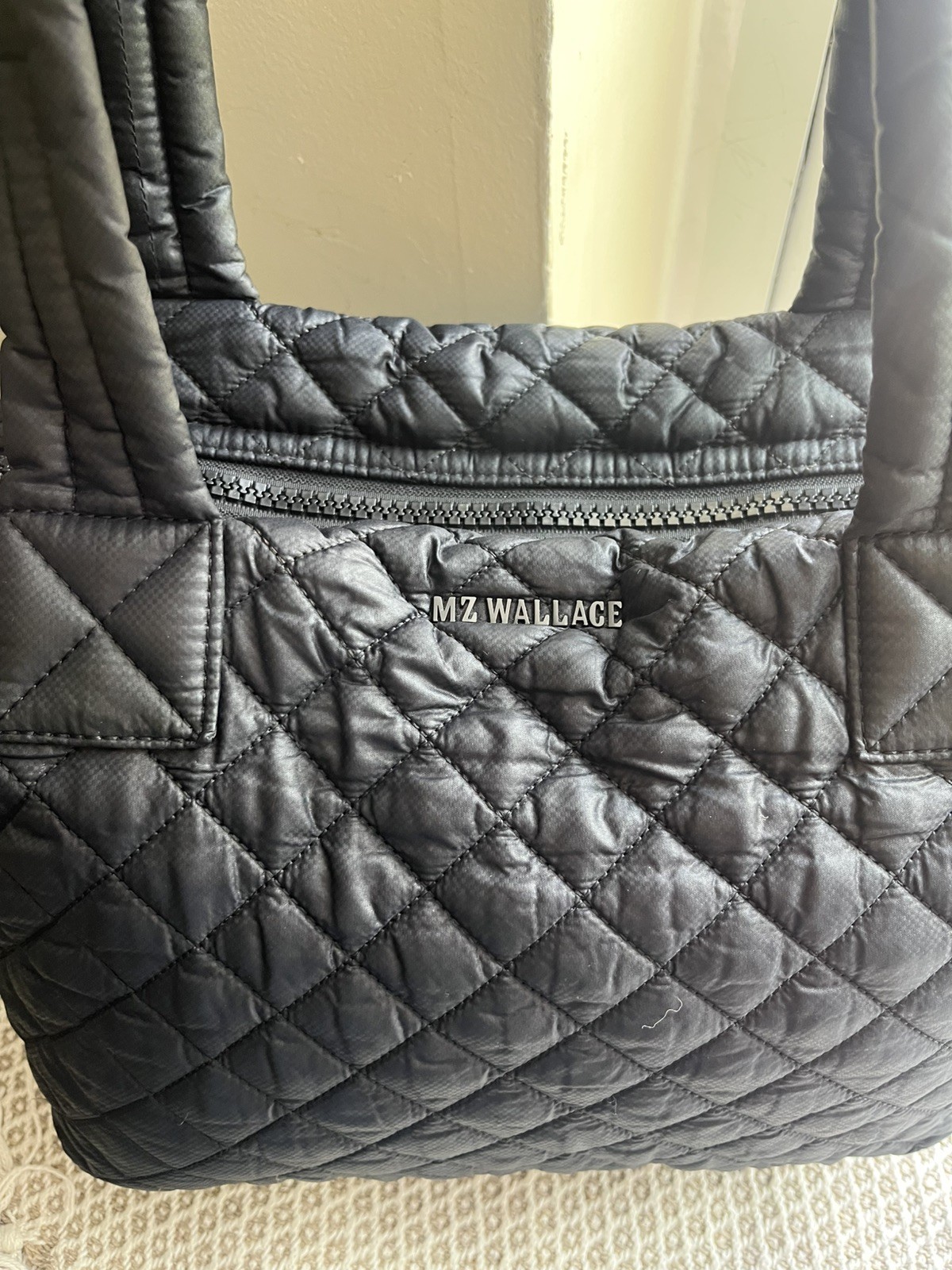 MZ WALLACE Navy/ Black Medium Sutton Deluxe Quilted Nylon Tote missing strap