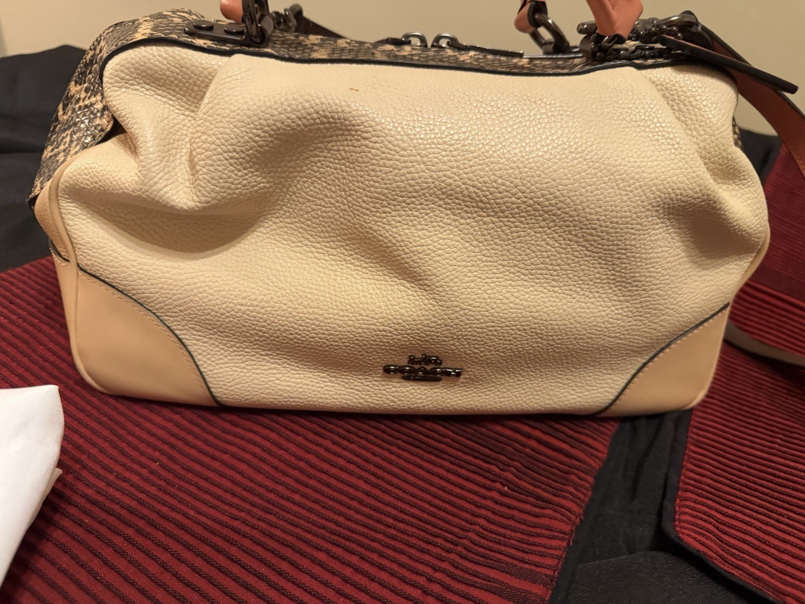 Coach Beige Pebbled Satchel Top Handle Animal Print Zip Lined Detachable Strap