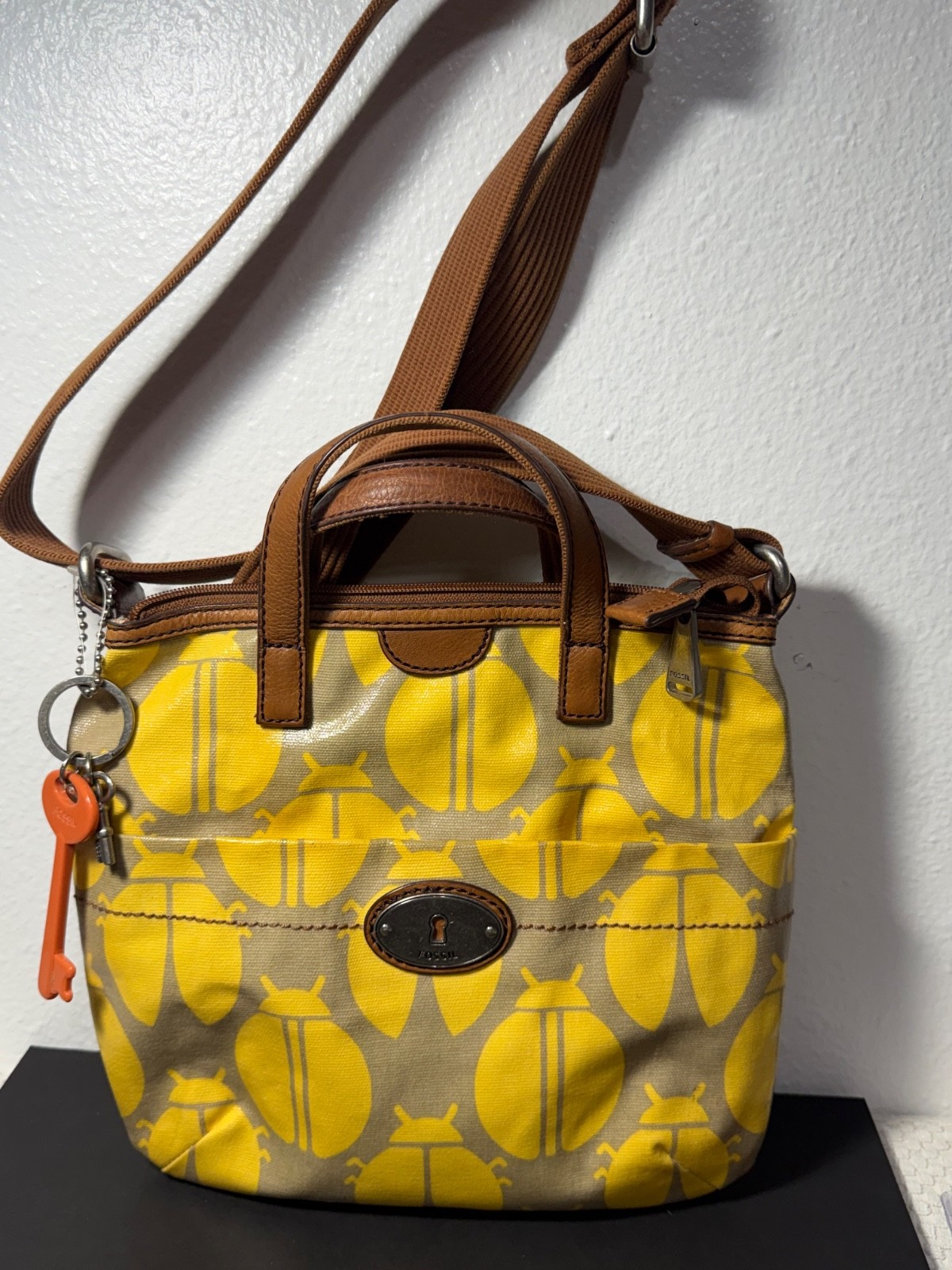 Fossil Key Per Yellow Textured Cowhide Leather Ladybug Print Tote/Shoulder Bag
