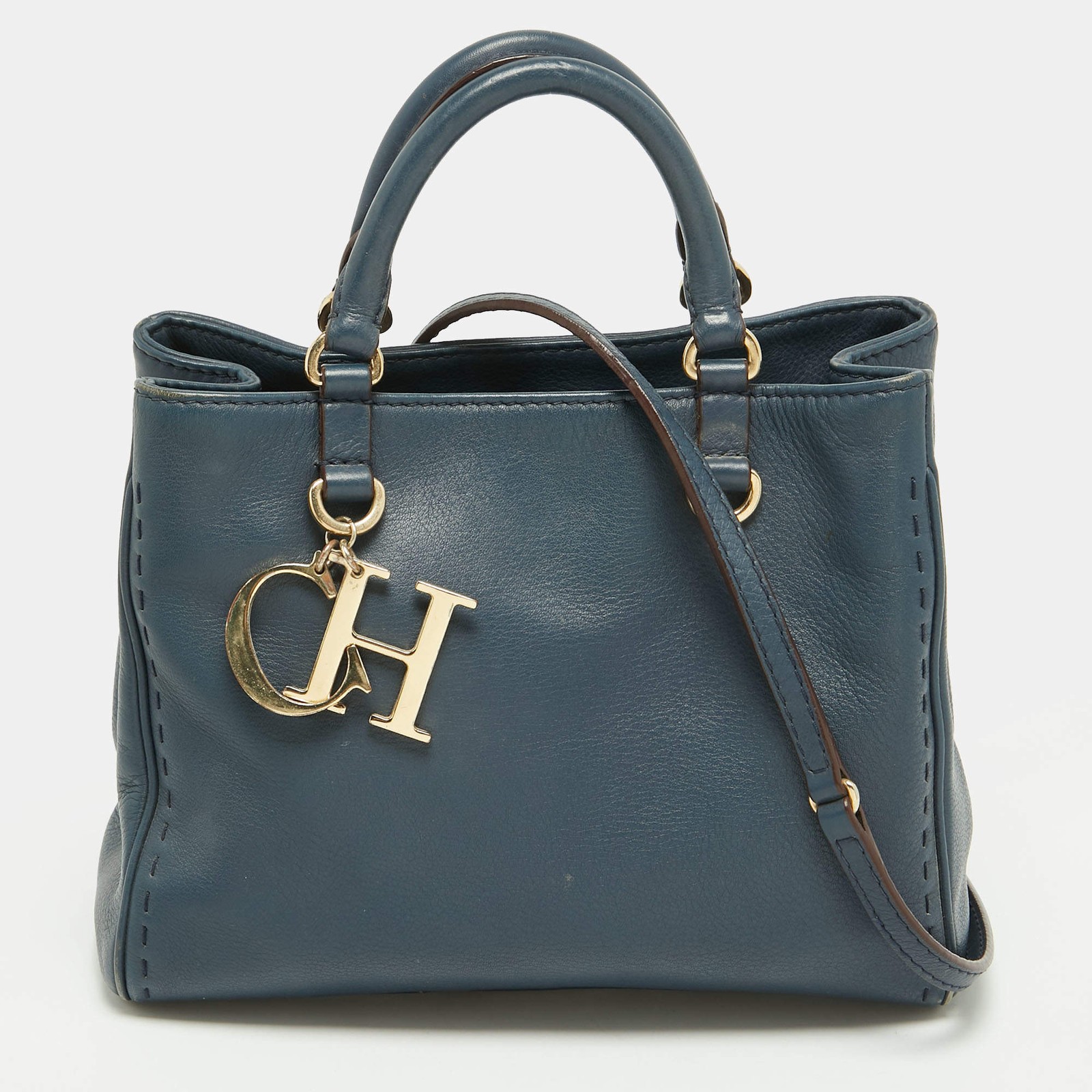 Carolina Herrera Charm Navy Blue Leather Tote