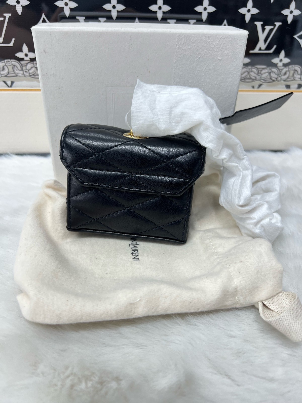 AUTH Saint Laurent June Micro Quilted Black Lambskin Gold Hardware Crossbody Bag