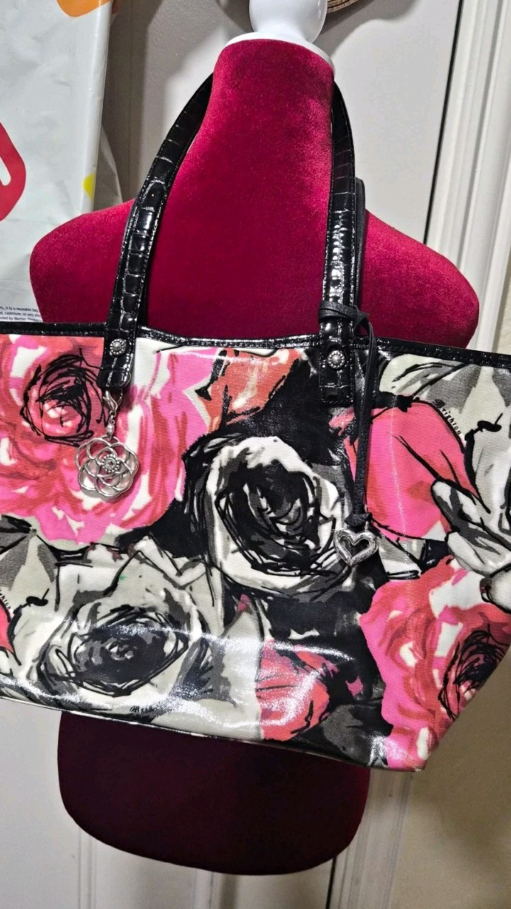 Brighton Floral Tote Pink Black White Patent Zip Lined Pockets Bag Charm