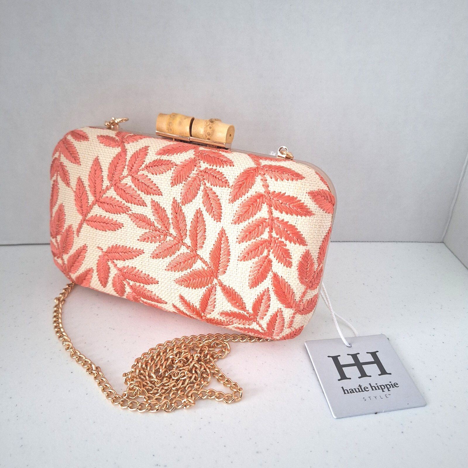 NWT Haute Hippie Elegant Coral Leaf & Burgundy Embroidered Clutch Crossbody