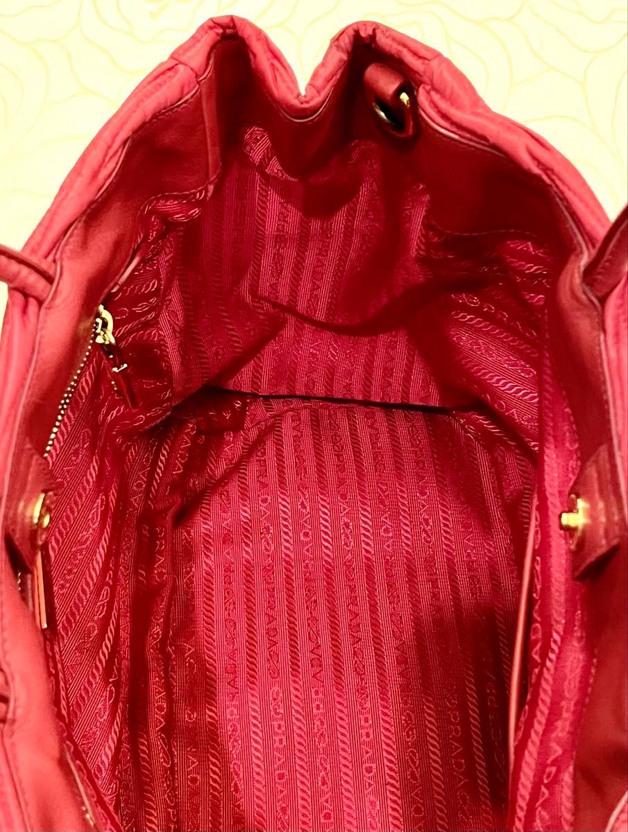 PRADA Esplanade 2Way Tote Bag Red Nylon Leather Shirring Large w/ Strap