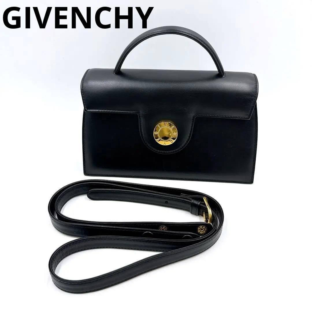 Givenchy Black Leather 2Way Formal Handbag Shoulder Bag Gold Women