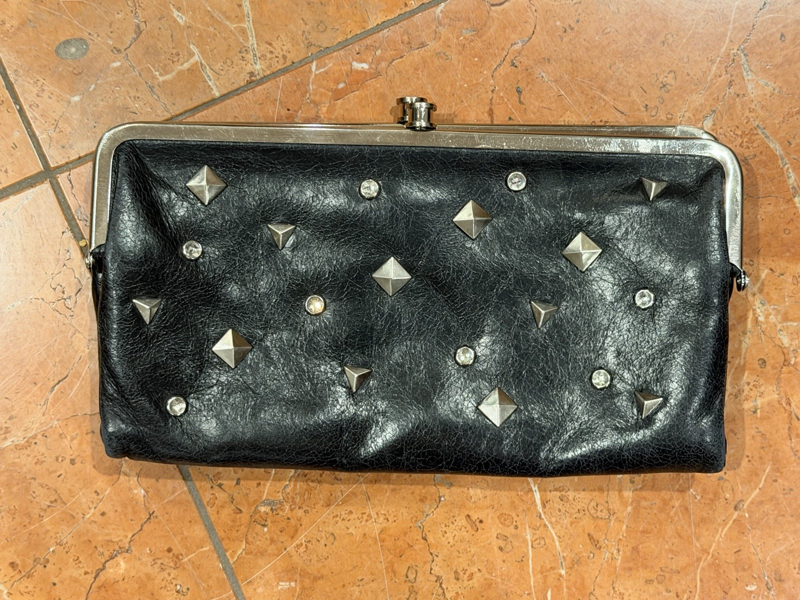 HOBO INTERNATIONAL BLACK LEATHER STUDDED SILVER ACCENTS LAUREN CLUTCH WALLET LN
