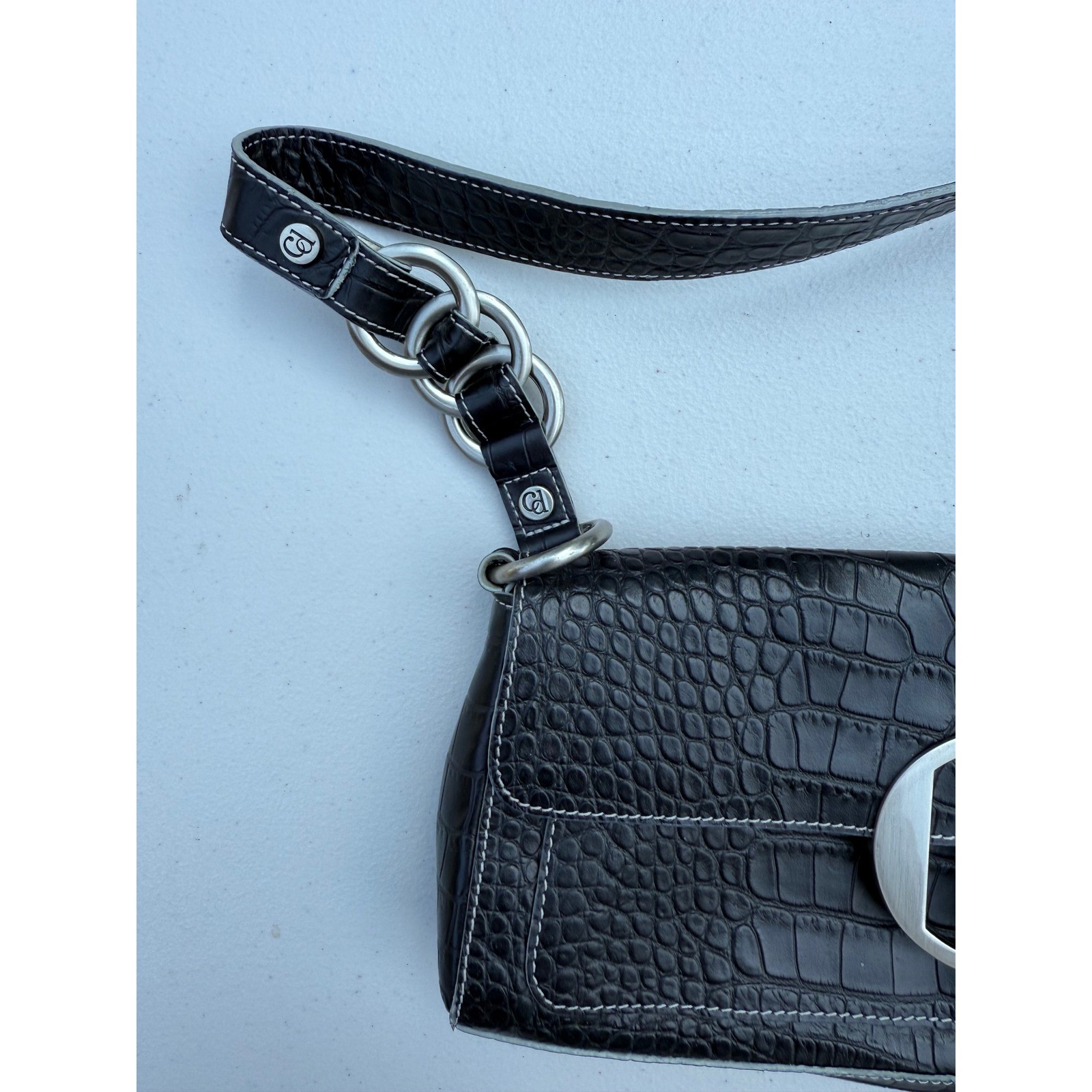 Charles David Shoulder Bag Croc Embossed Black Silver Hardware Chain Handle