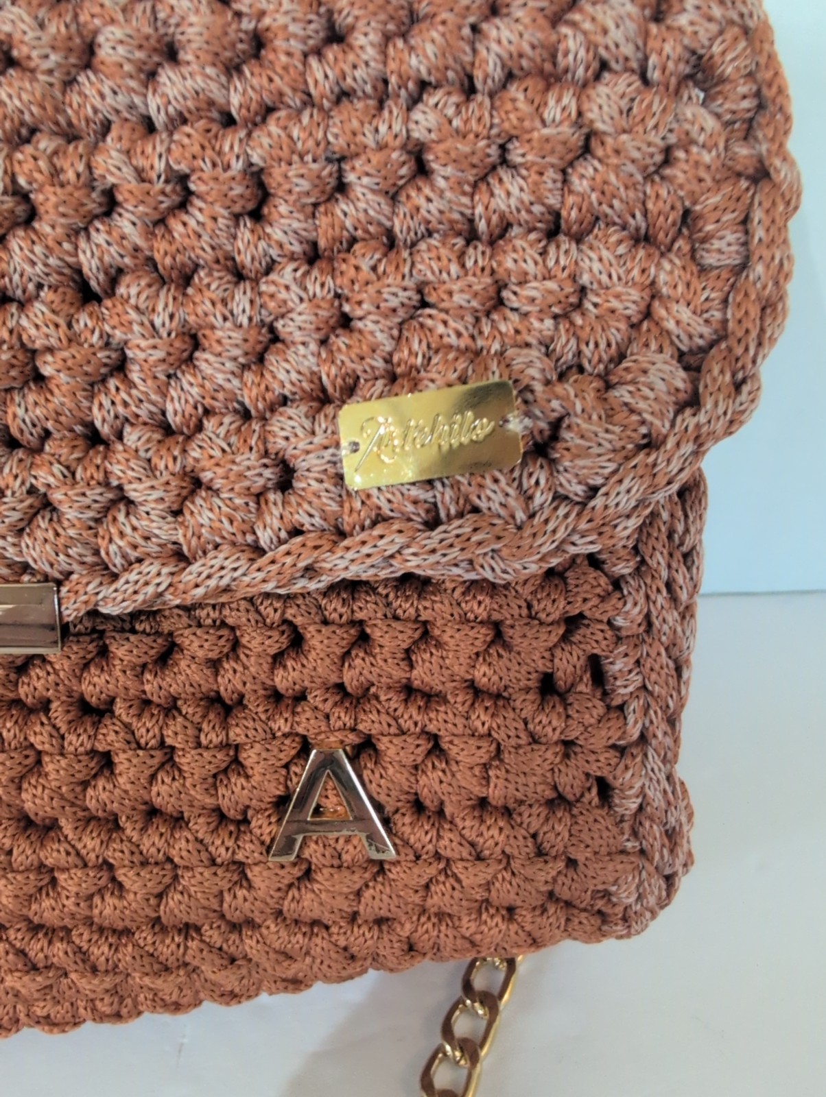 Artehilo handmade Wearable Art Braided Cord Purse, Burnt Orange Gold Accents