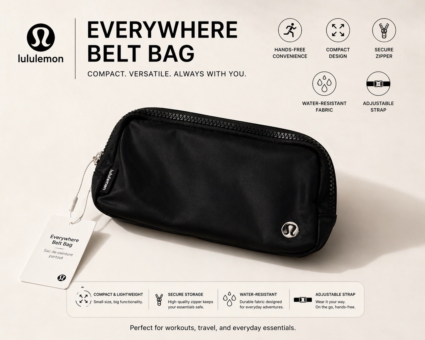 Lululemon Everywhere Women’s Belt Bag – Black (142500085)