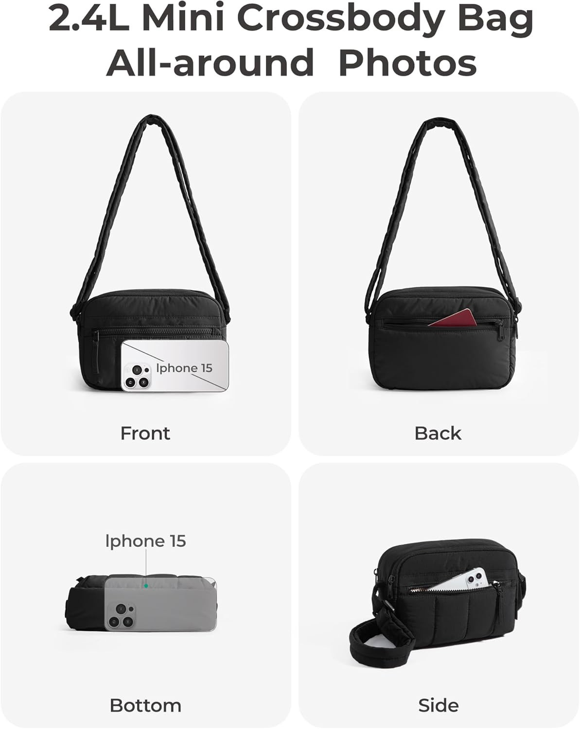 RFID-Blocking Mini Crossbody Purse for Women – Black Puffy Handbag