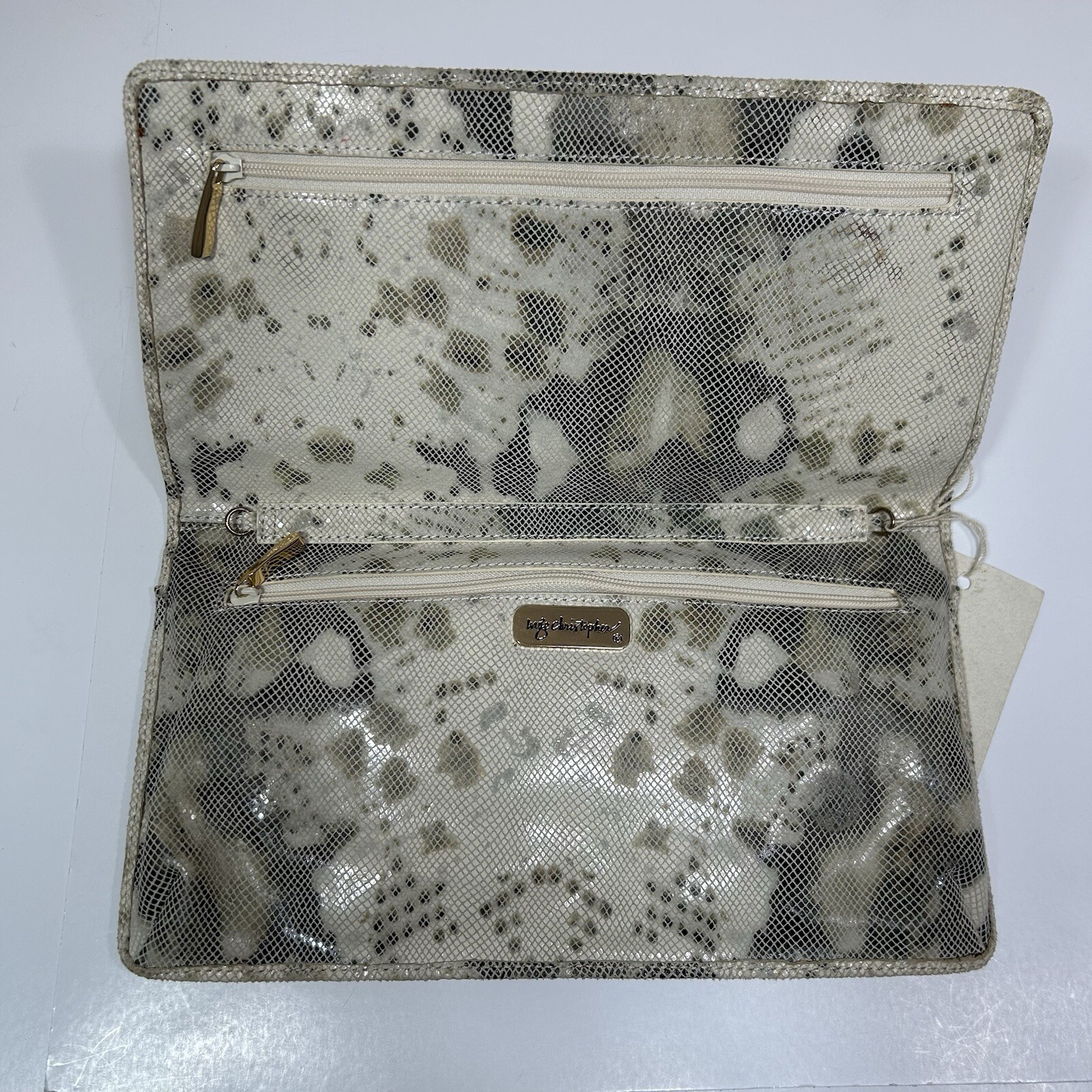 Inge Christopher Metallic Reptile Print Leather Foldover Clutch Bag Ivory Beige