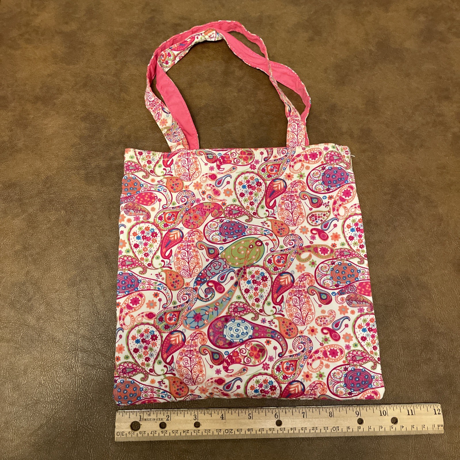 Pink and Green Paisley Cotton Mini Tote Bag 10” x 10”